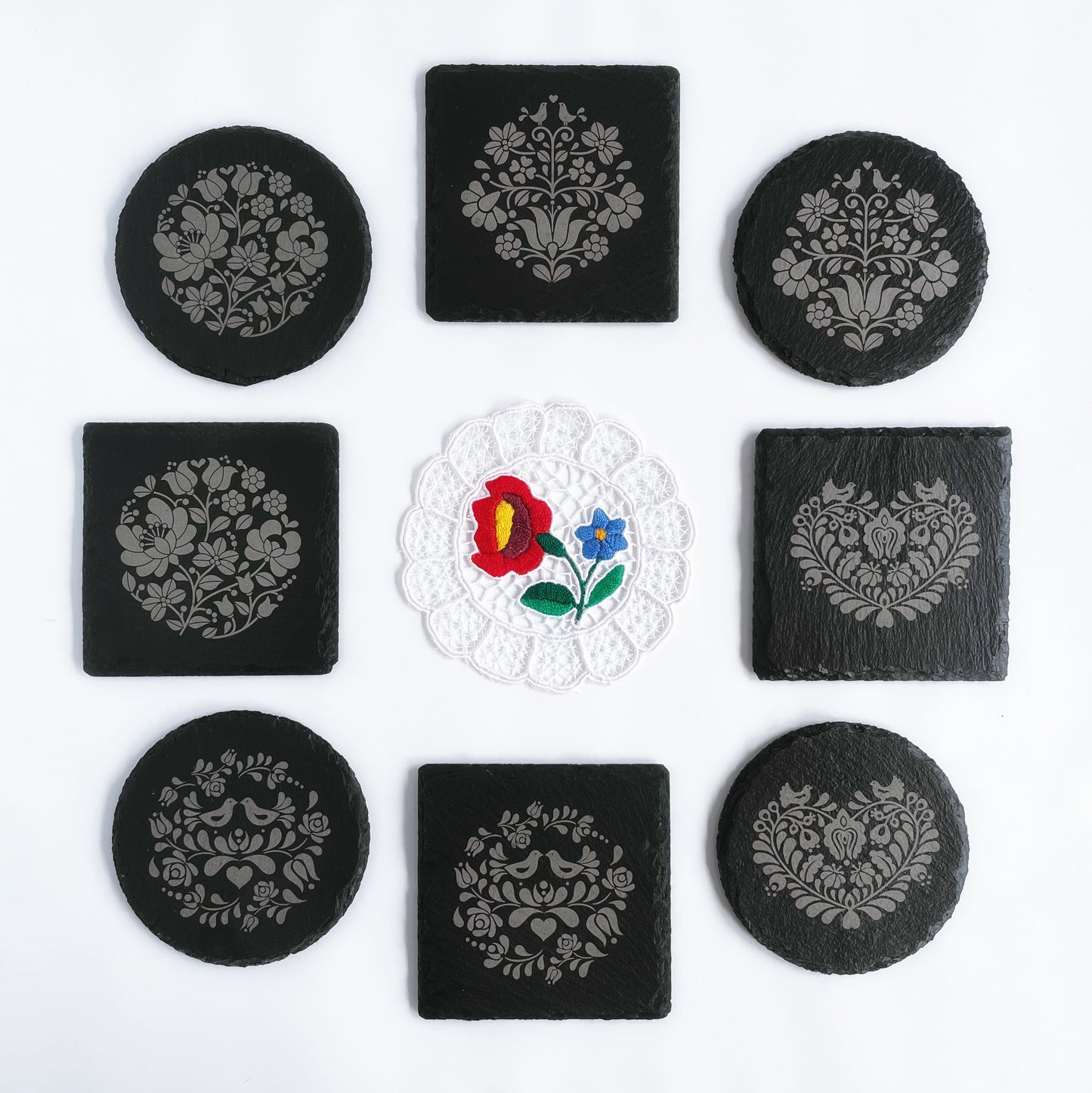 Laser engraved slate coaster set with beautiful Hungarian folk motifs