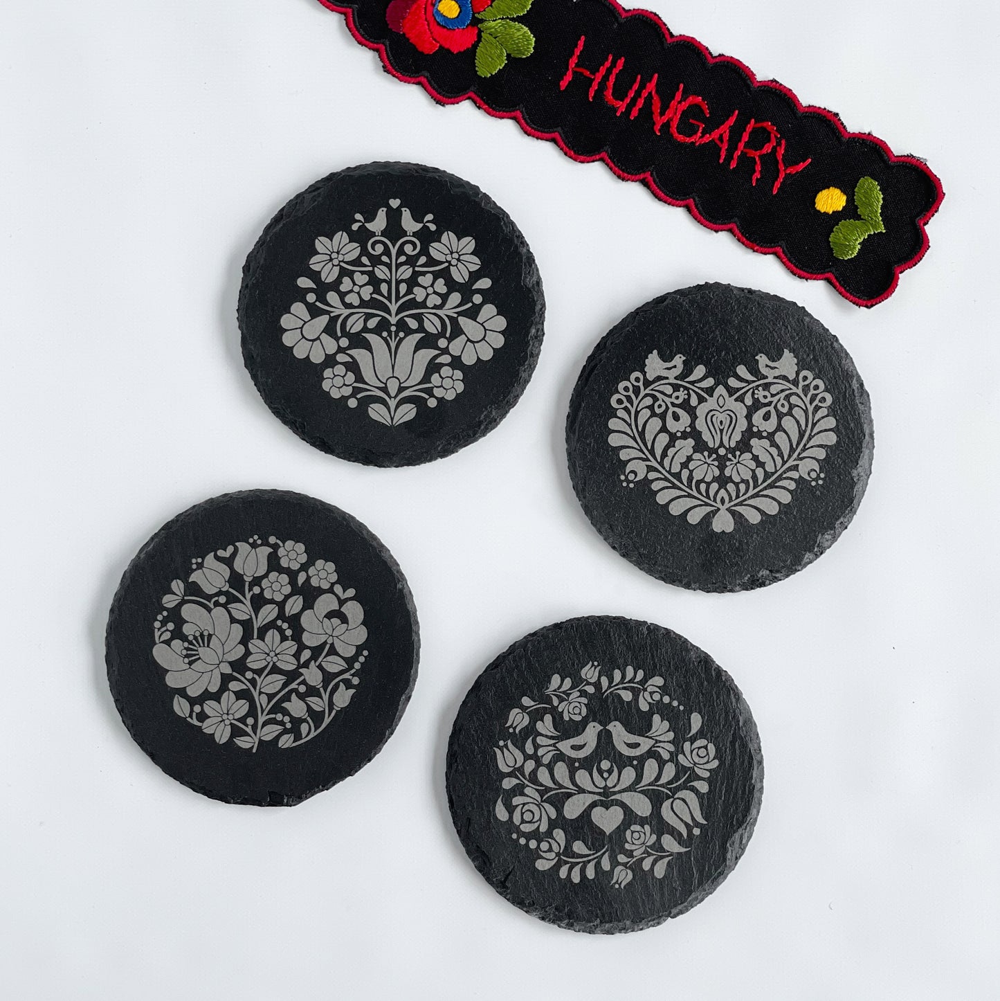 Laser engraved round slate coaster set with beautiful Hungarian folk motifs