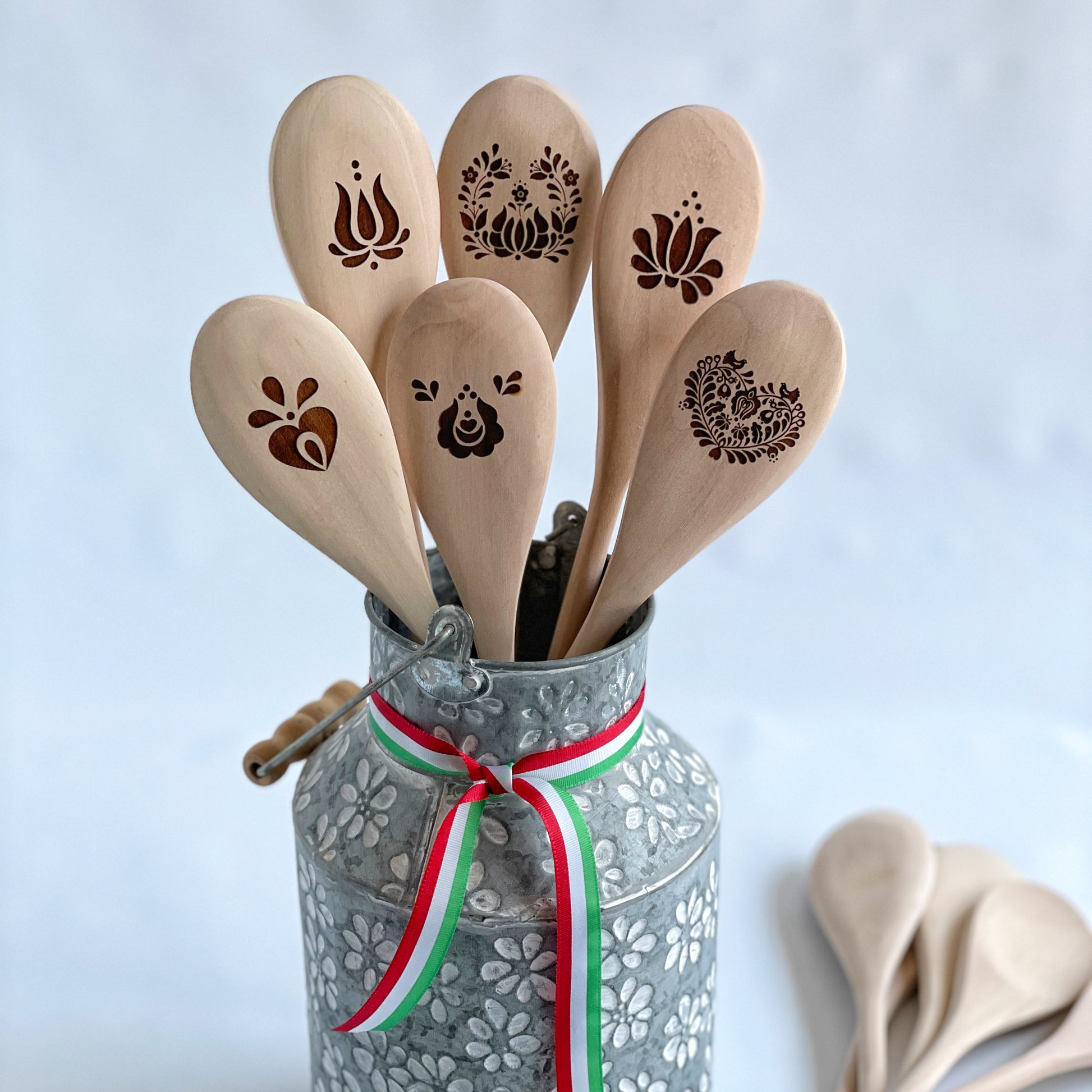 Laser engraved long-handle kitchen wooden spoon lovely Hungarian folk motif