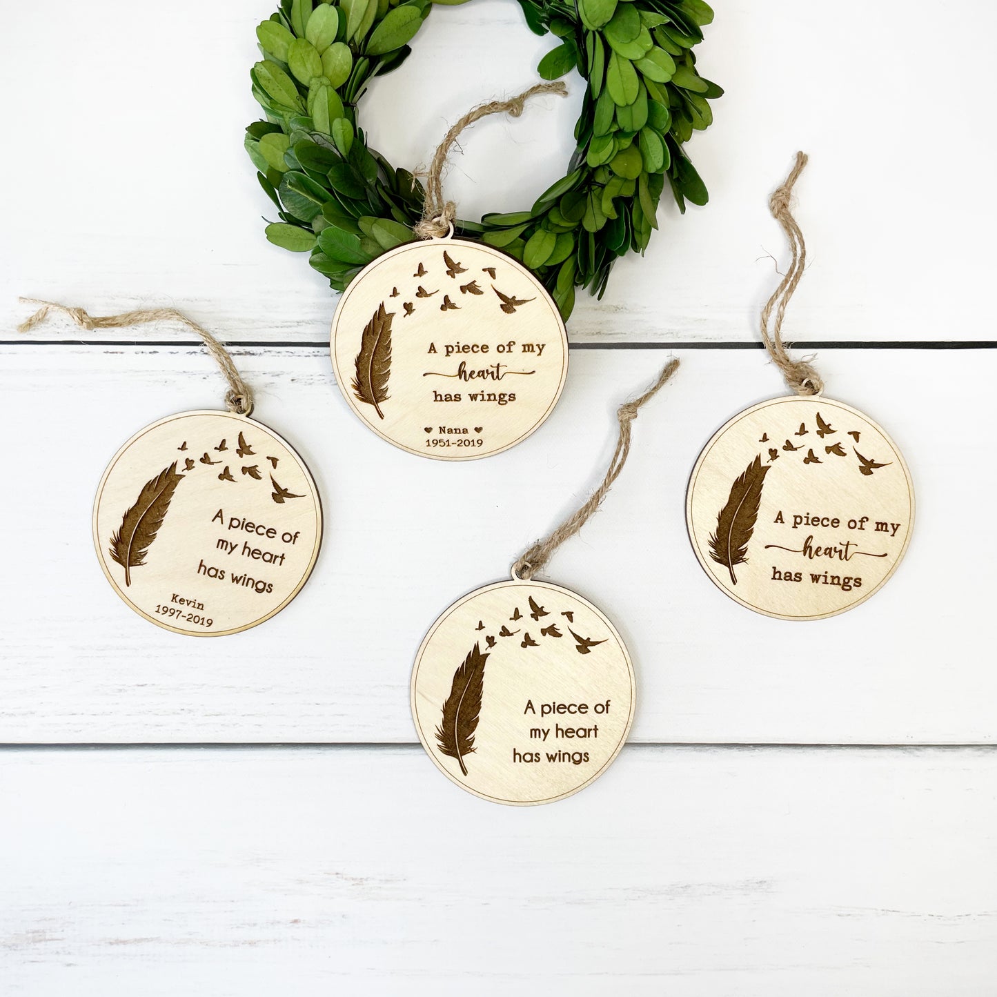 Engraved custom ornaments for Loss of Loved one, A piece of my heart has wings