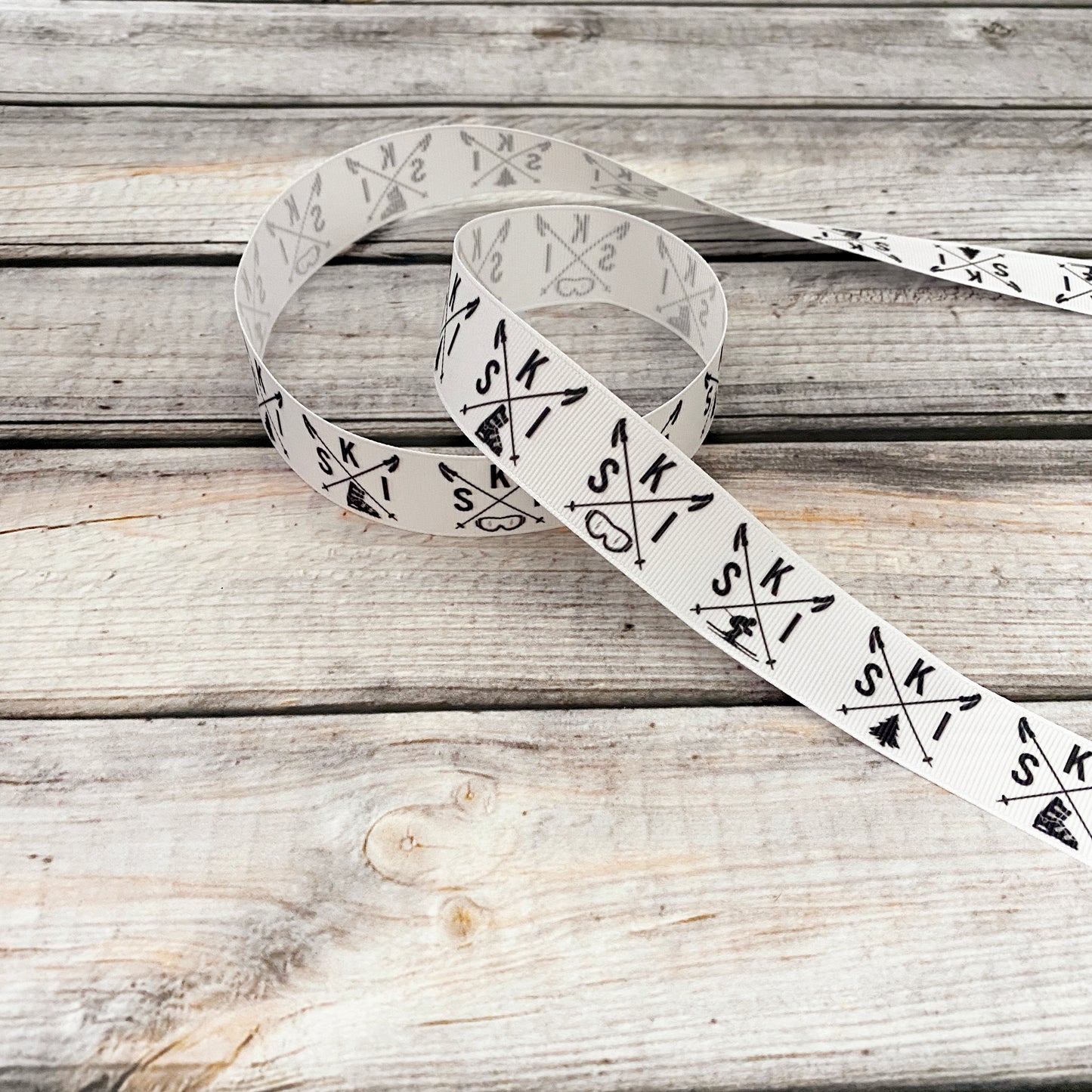 Ski ribbon by the yard, skiing grosgrain ribbon, skier, ski boots, ski sticks, ski goggles