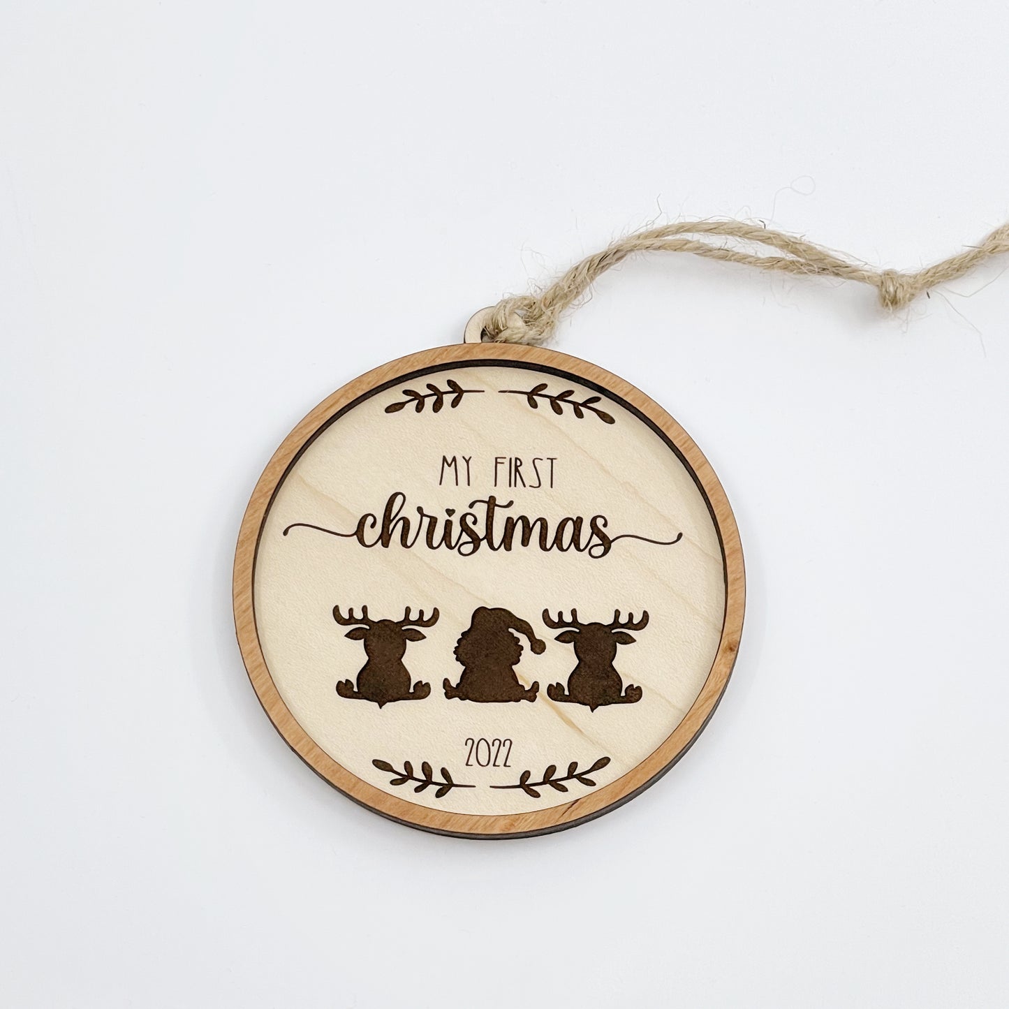 Baby's First Christmas featuring Santa and reindeer wood ornament, laser cut, Christmas ornament