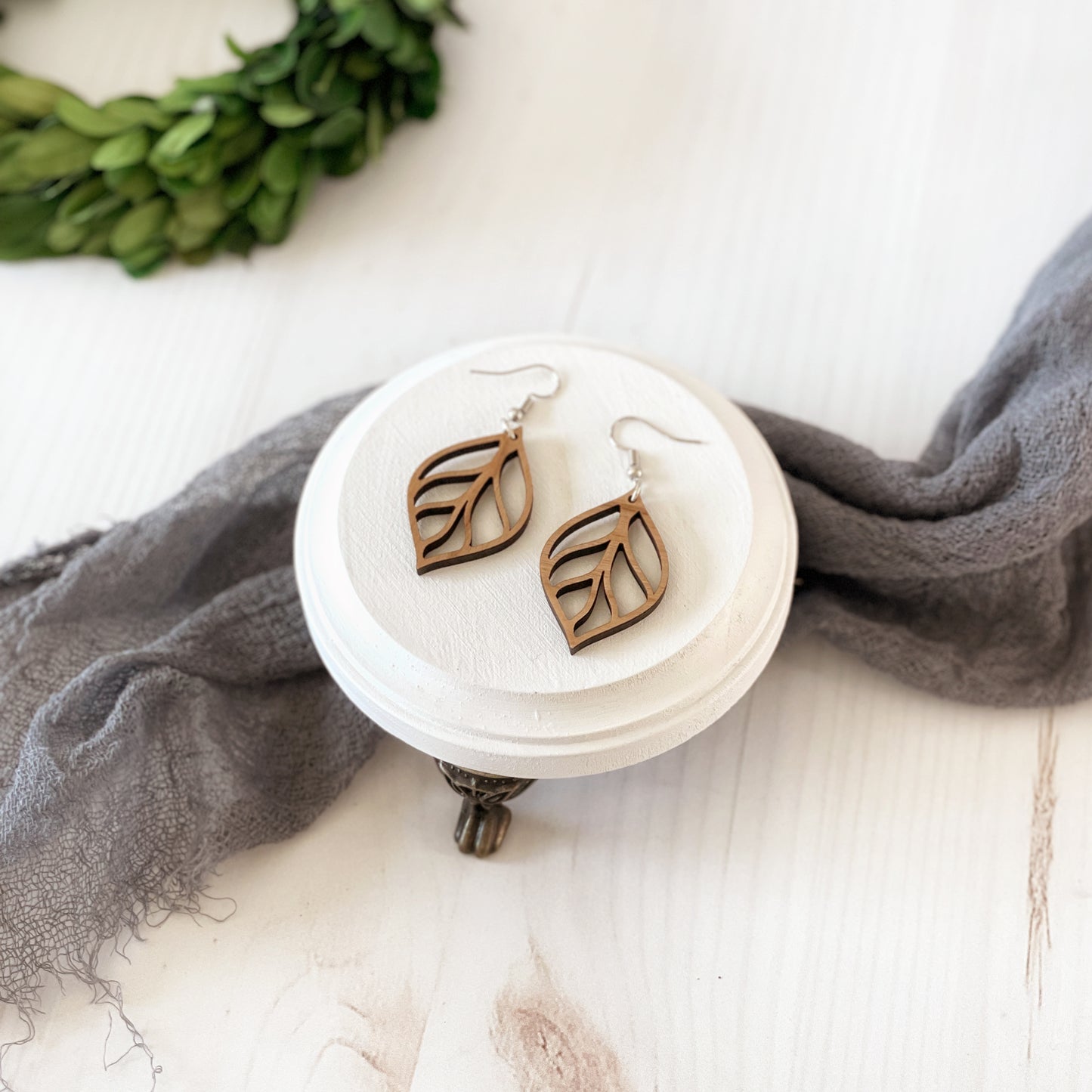 Laser cut wood leaf earrings