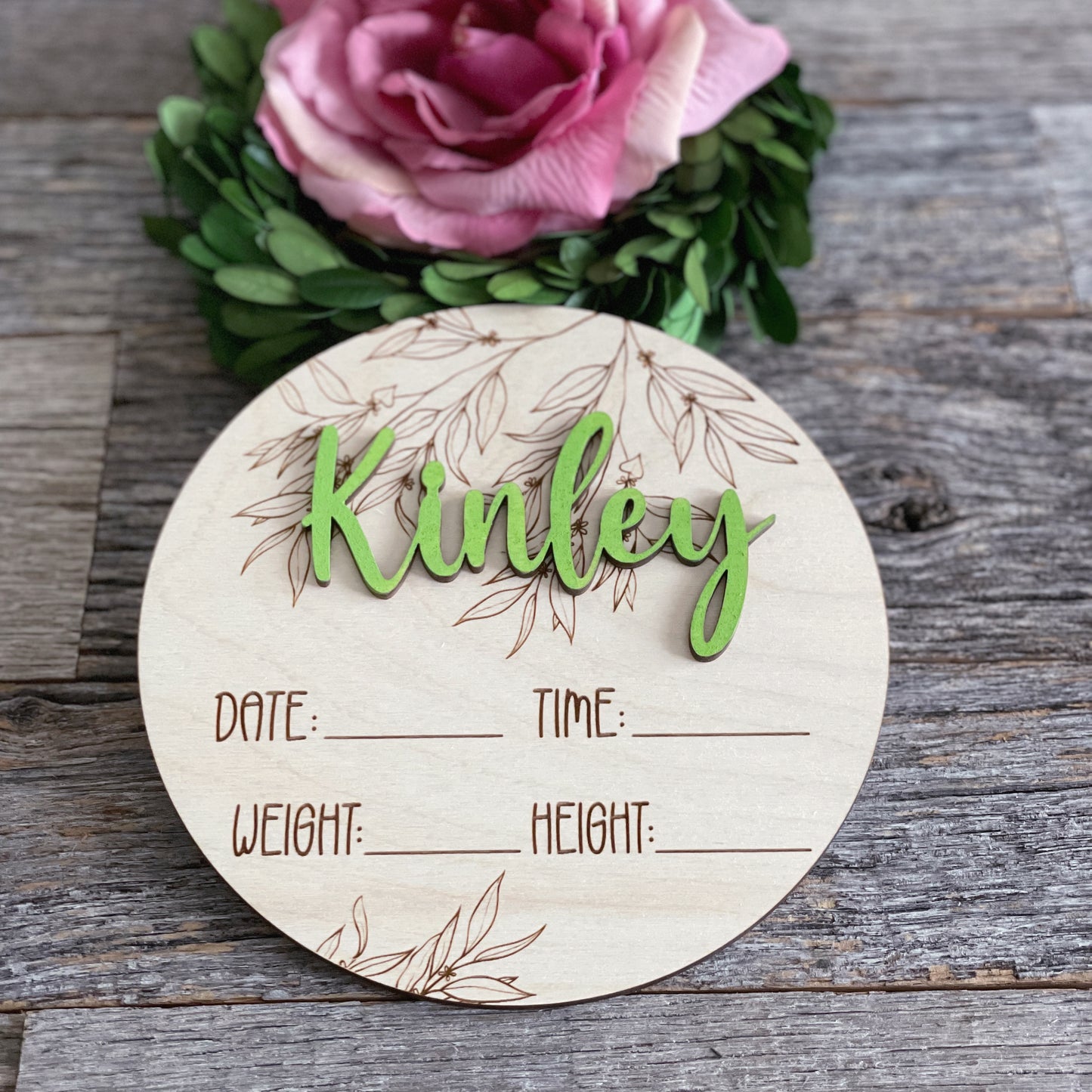 Custom laser engraved Baby Birth Announcement, Eucalyptus, Wood baby photo prop