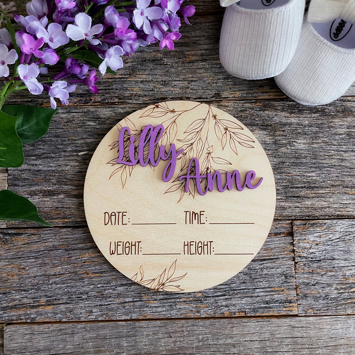 Custom laser engraved Baby Birth Announcement, Eucalyptus, Wood baby photo prop