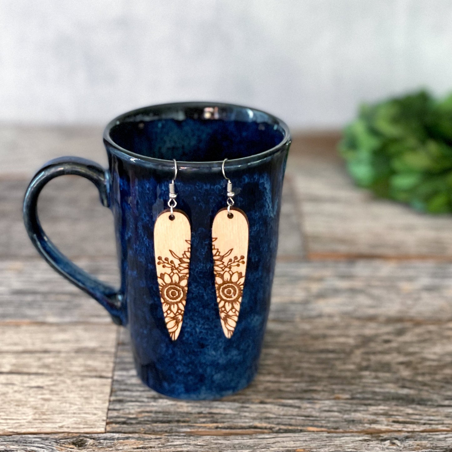 Laser cut and engraved wood sunflower earrings