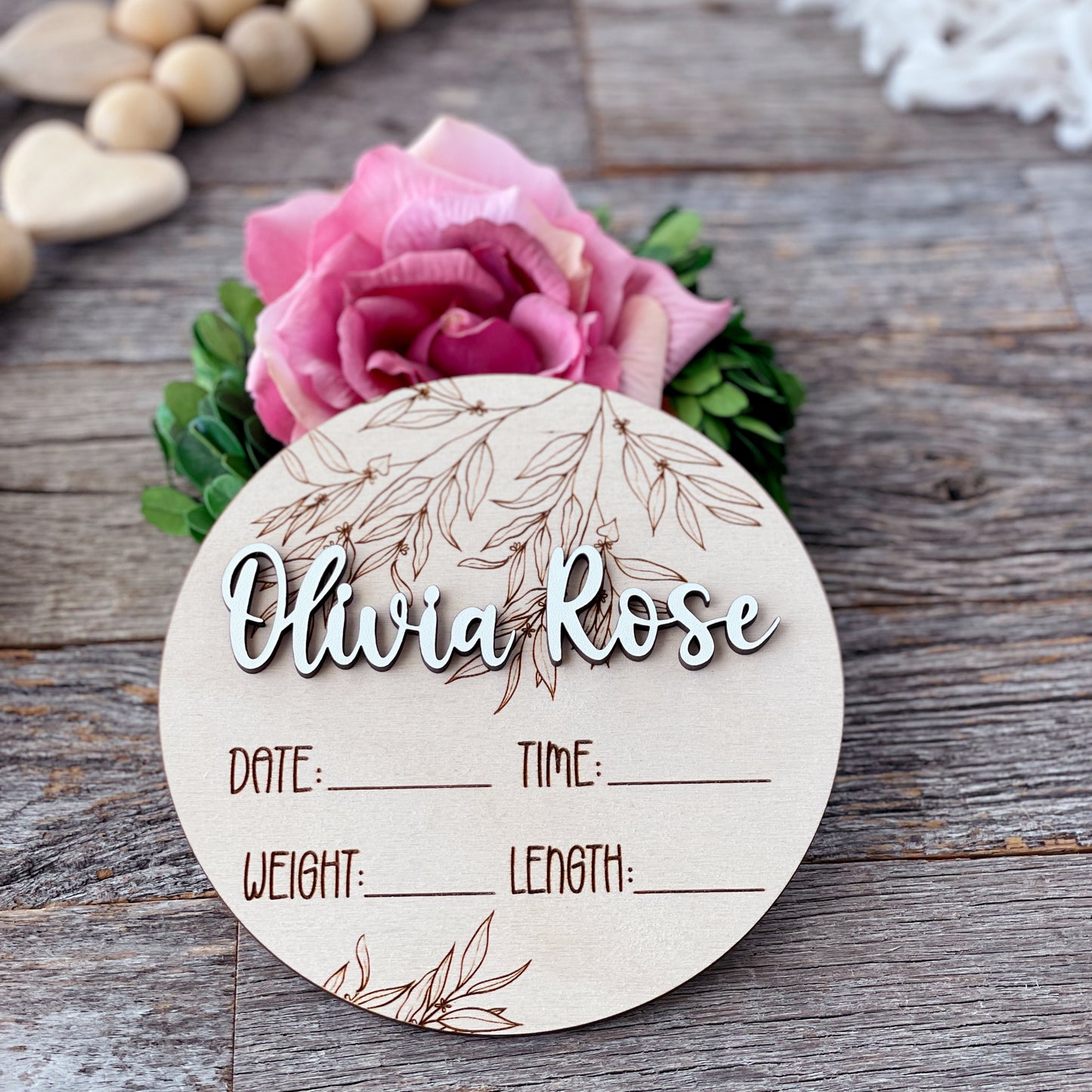 Custom laser engraved Baby Birth Announcement, Eucalyptus, Wood baby photo prop