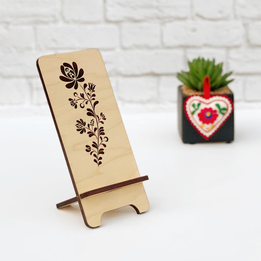 Laser Engraved Phone Stand, custom wood phone stand with Hungarian floral folk motif
