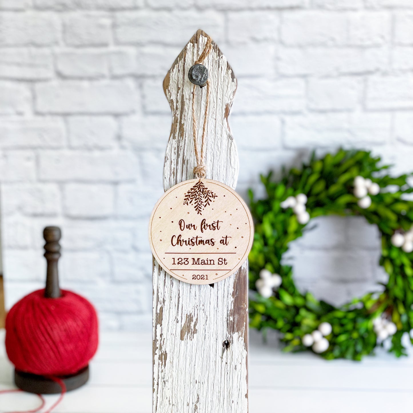 Our first Christmas engraved keepsake wooden ornament for Couples, customizable with names and address