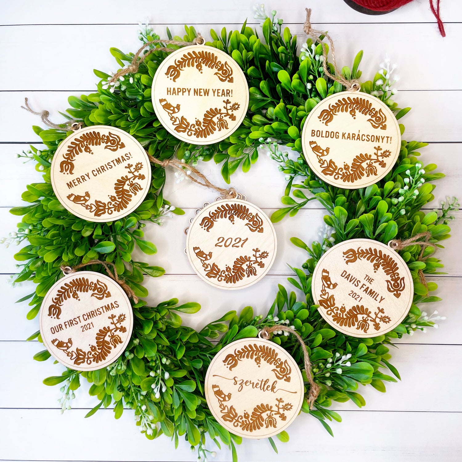 Beautiful laser-engraved Hungarian wood ornaments with traditional folk motif