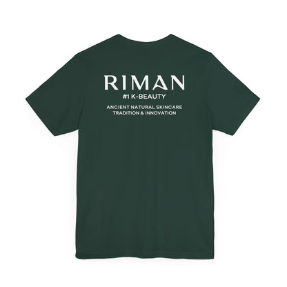 RIMAN Unisex T-shirt with lettering in dark green RIMAN colors, logo on front and back of shirt