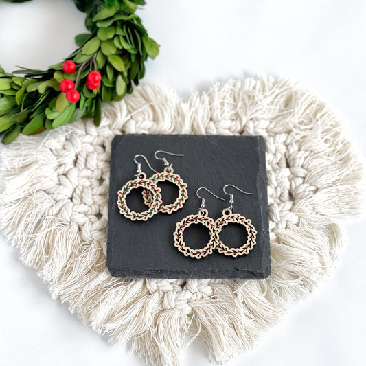 Laser engraved Christmas wreath earrings, holiday earrings