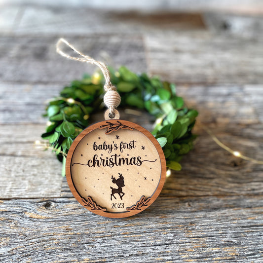 Laser cut file Baby's first Christmas ornament with reindeer, Instant download, Glowforge ready