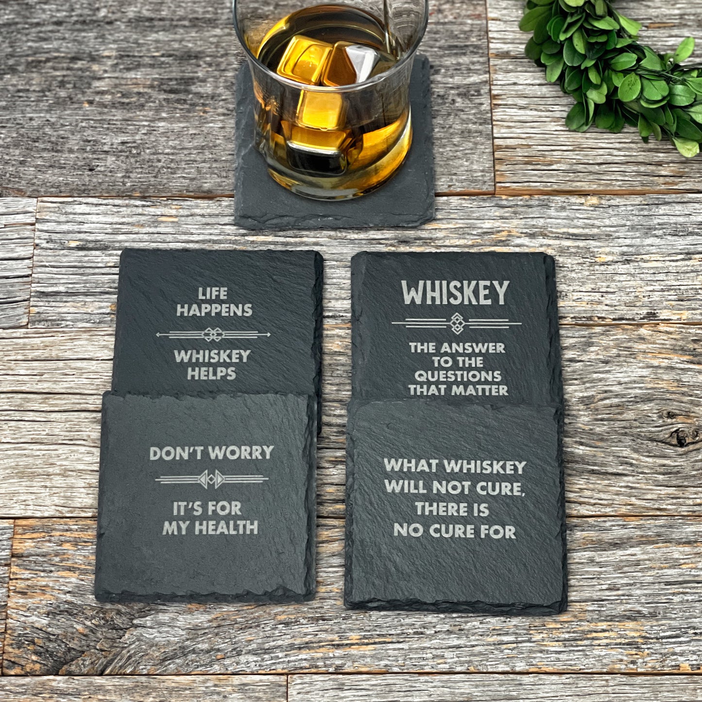 Laser engraved funny Whiskey slate coaster set