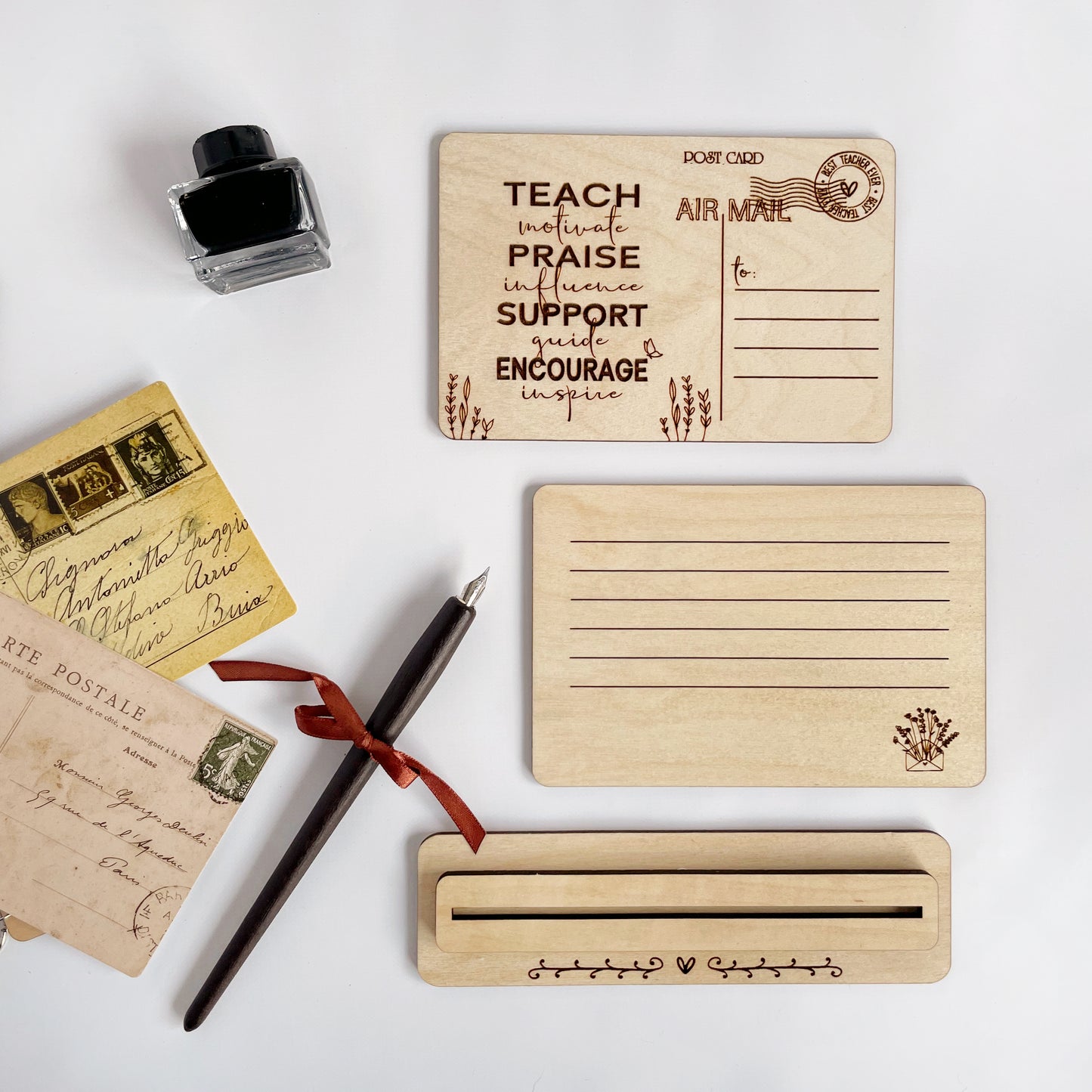 Teach Love Inspire Teacher appreciation wood postcard with stand, personalized teacher gift, back to school