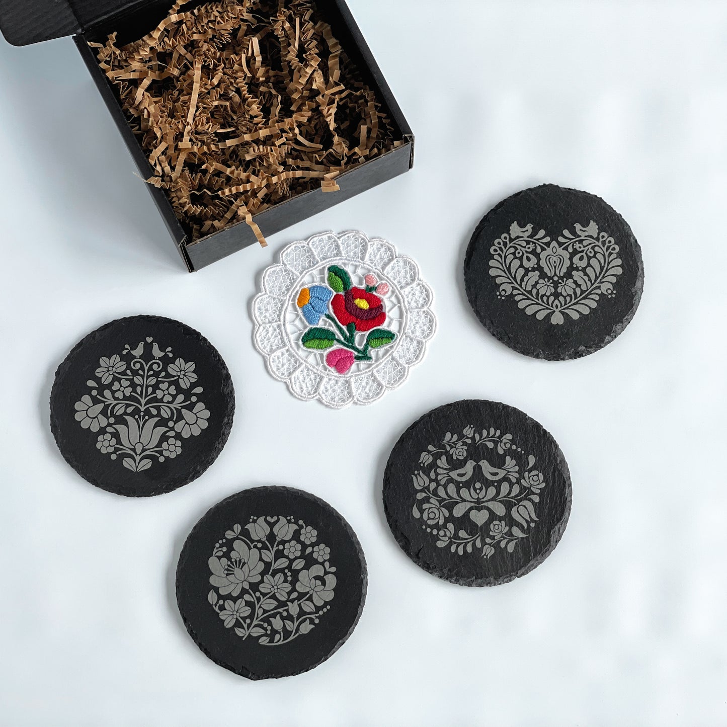 Laser engraved round slate coaster set with beautiful Hungarian folk motifs