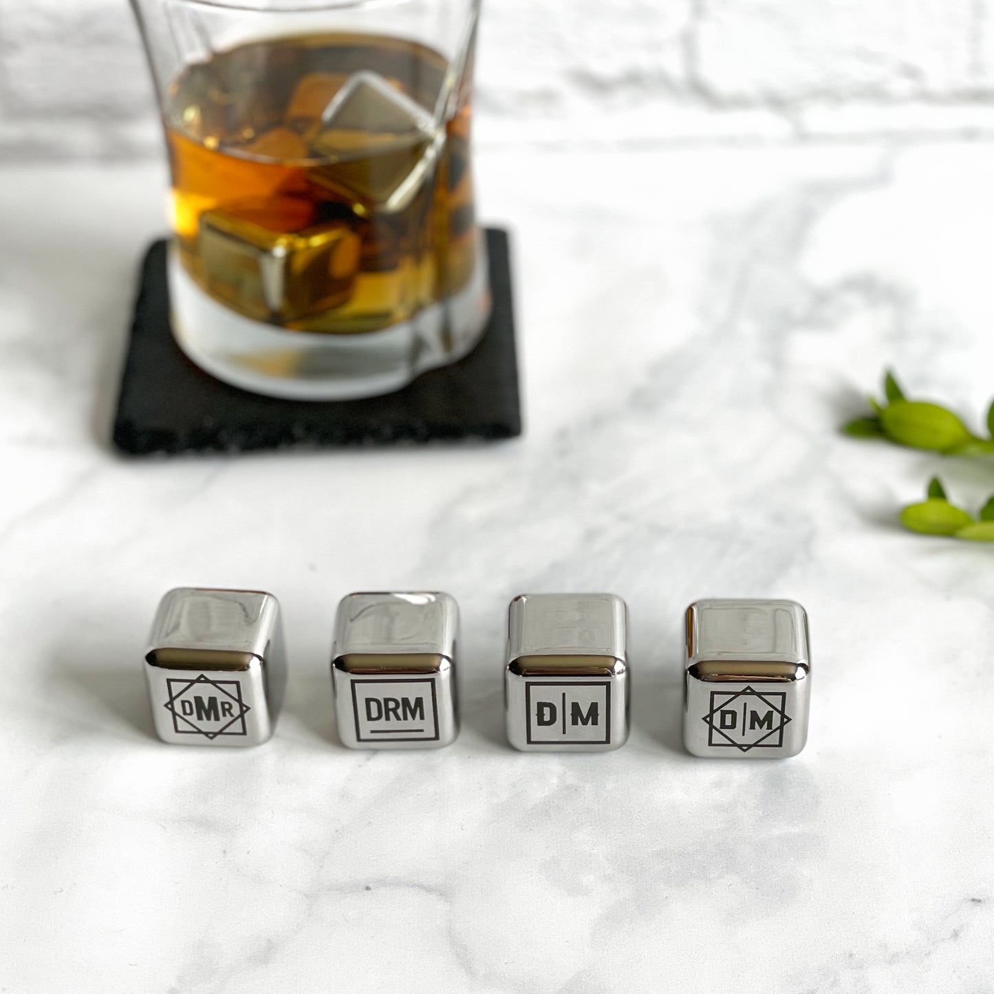 Laser engraved stainless steel chilling stones, metal ice cubes, Whiskey stones, barware