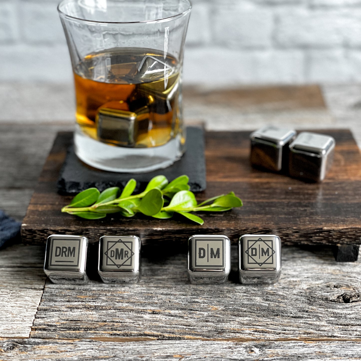 Laser engraved stainless steel chilling stones, metal ice cubes, Whiskey stones, barware