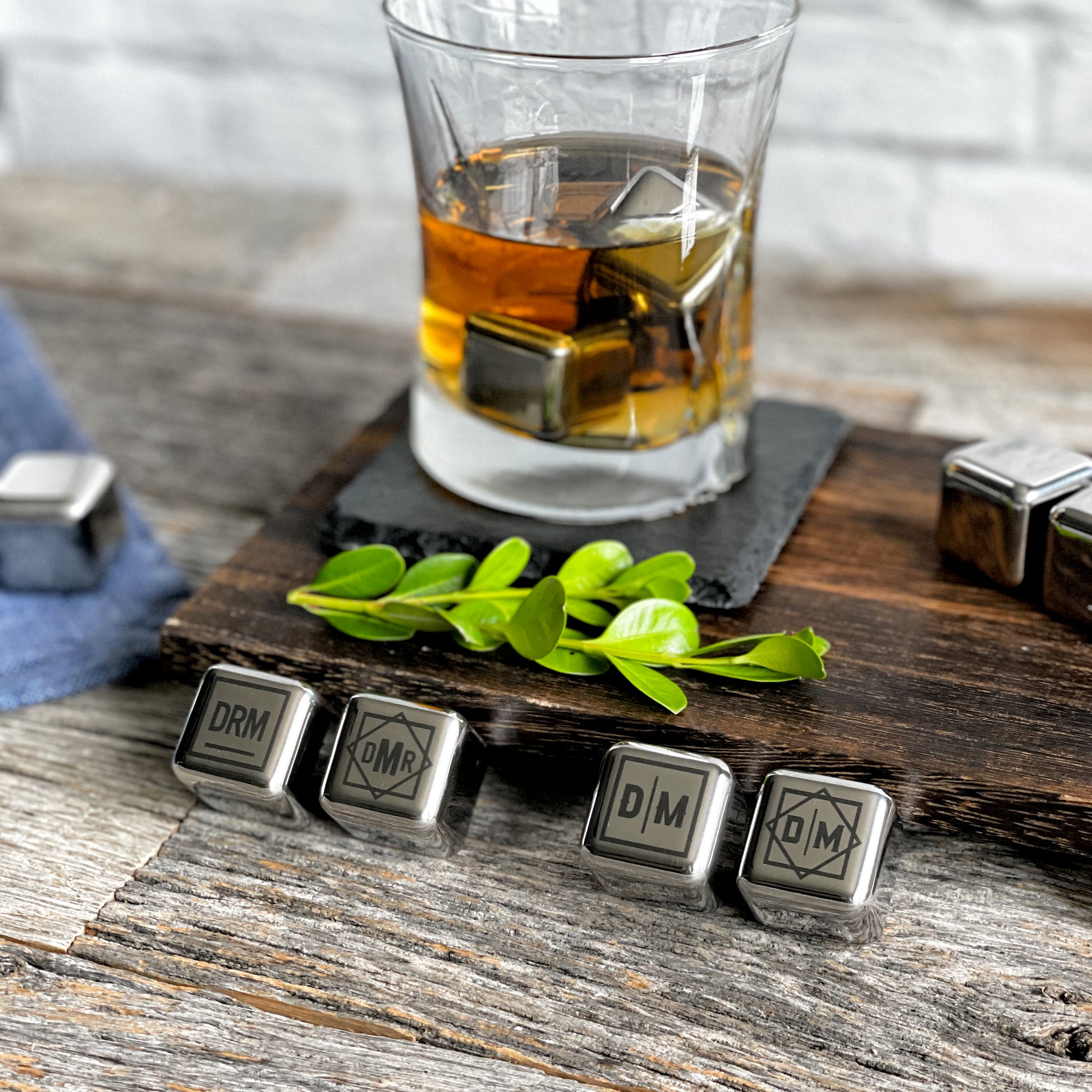 Laser engraved custom stainless steel chilling stones, metal ice cubes, Whiskey stones, barware