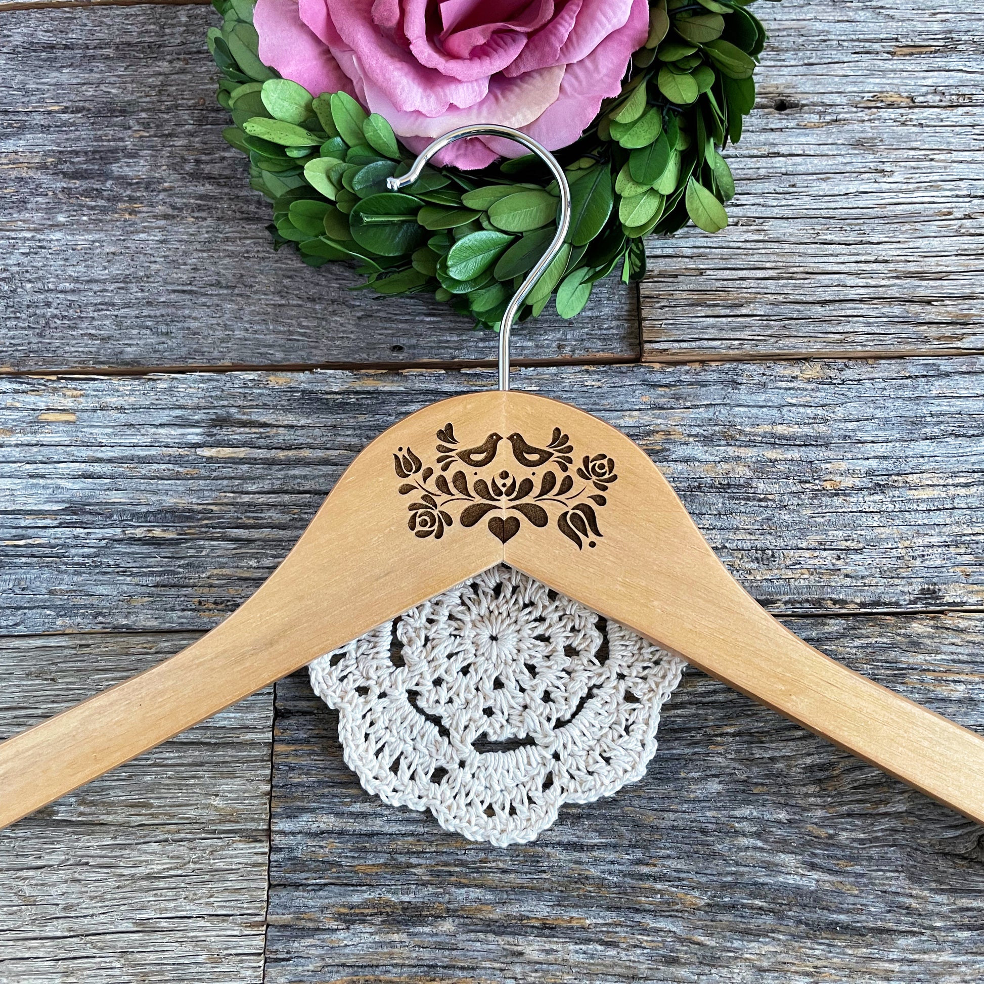 Laser engraved clothes hanger with lovely Hungarian folk motif