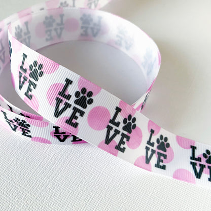 Cinta con estampado de patas de amor cortada a medida, grosgrain con estampado de patas, padres de perros, padres de mascotas, cinta de grosgrain con amor de mascotas