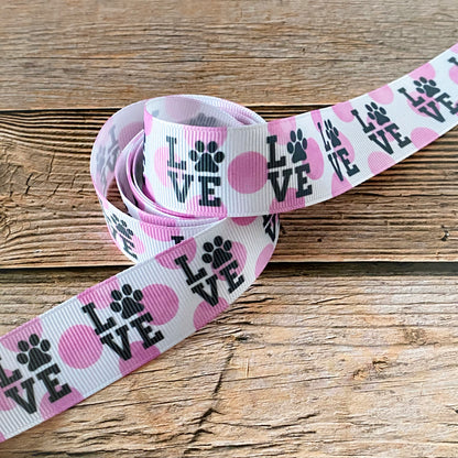 Cinta con estampado de patas de amor cortada a medida, grosgrain con estampado de patas, padres de perros, padres de mascotas, cinta de grosgrain con amor de mascotas