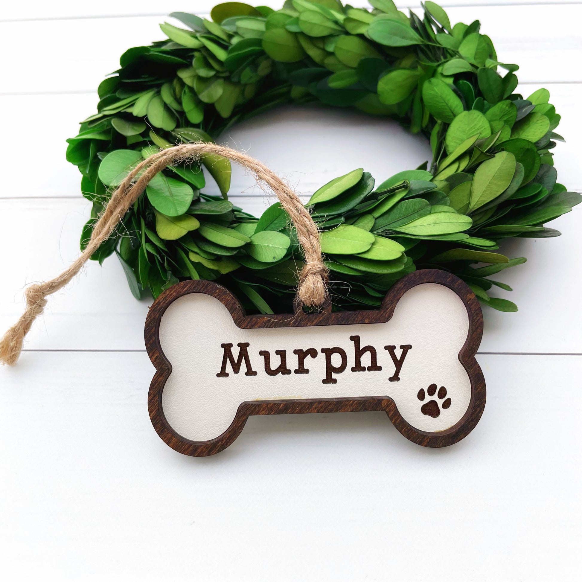 Farmhouse style custom engraved Pet ornament, dog bone pet ornament, pet parents