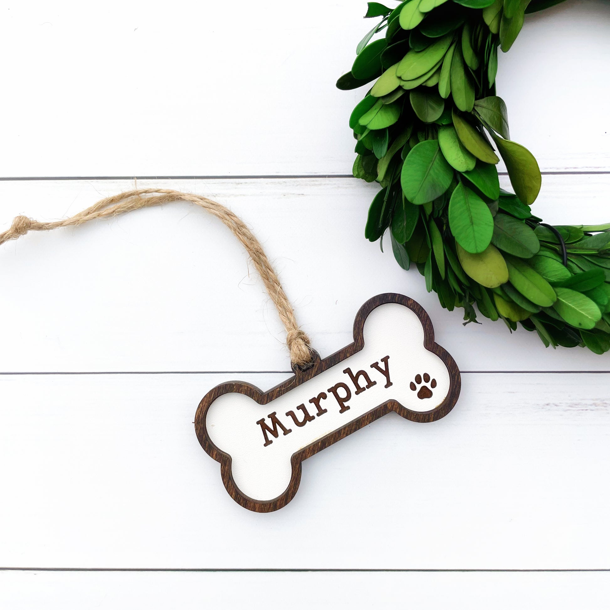 Farmhouse style custom engraved Pet ornament, dog bone pet ornament, pet parents