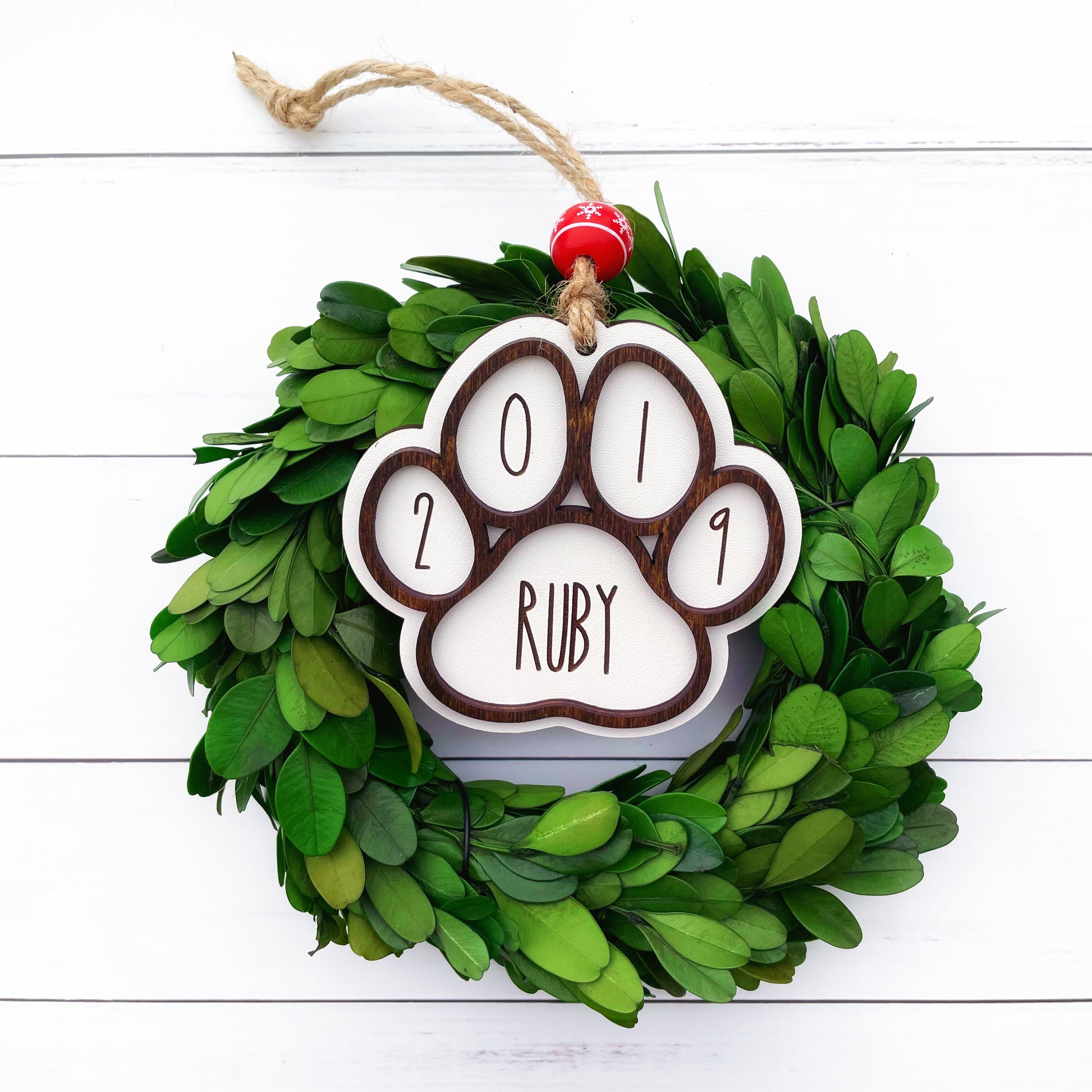 Farmhouse style custom engraved Pet ornament, paw print pet ornament, pet parents