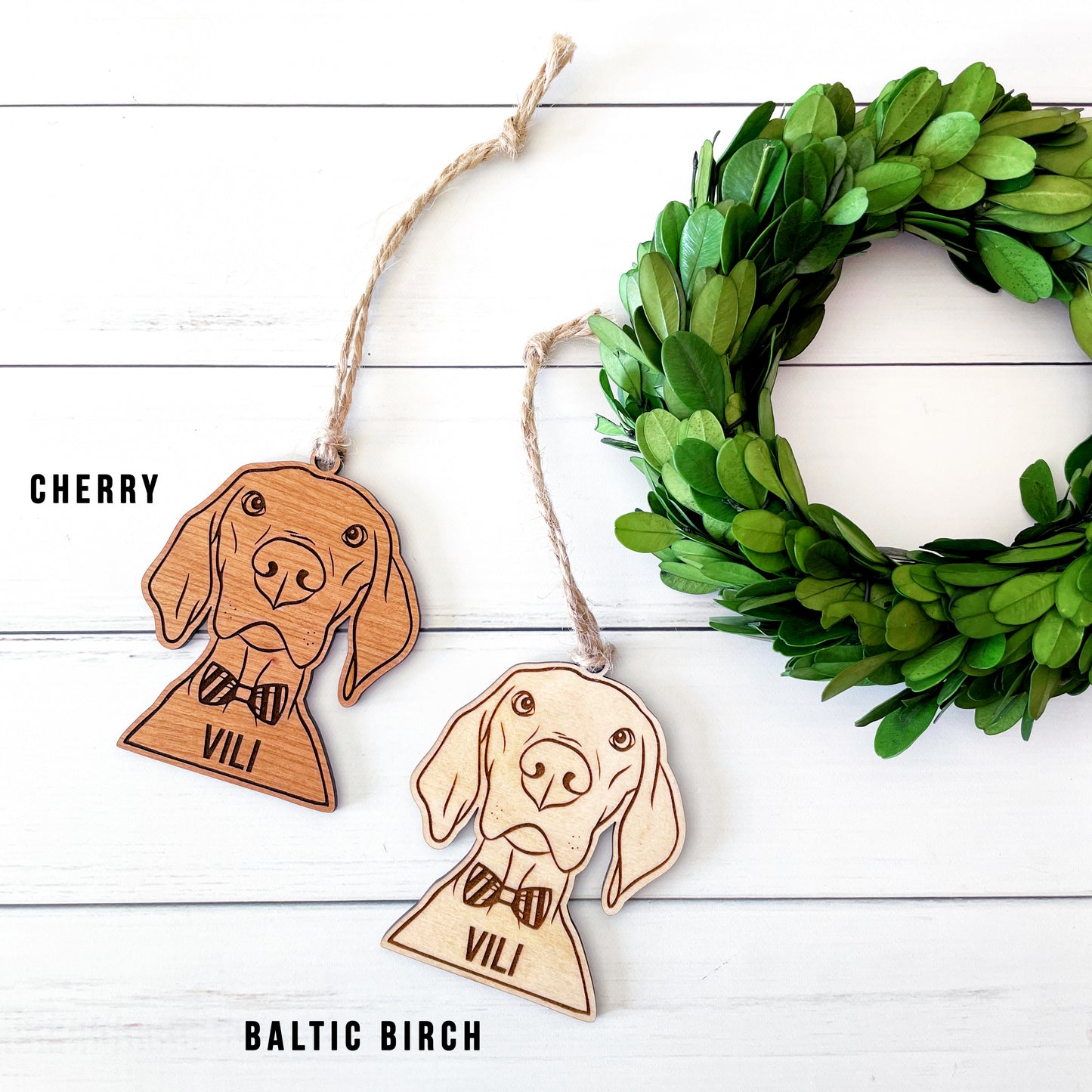 Vizsla ornaments for pet parents, engraved personalized baltic birch or cherry ply wood ornament