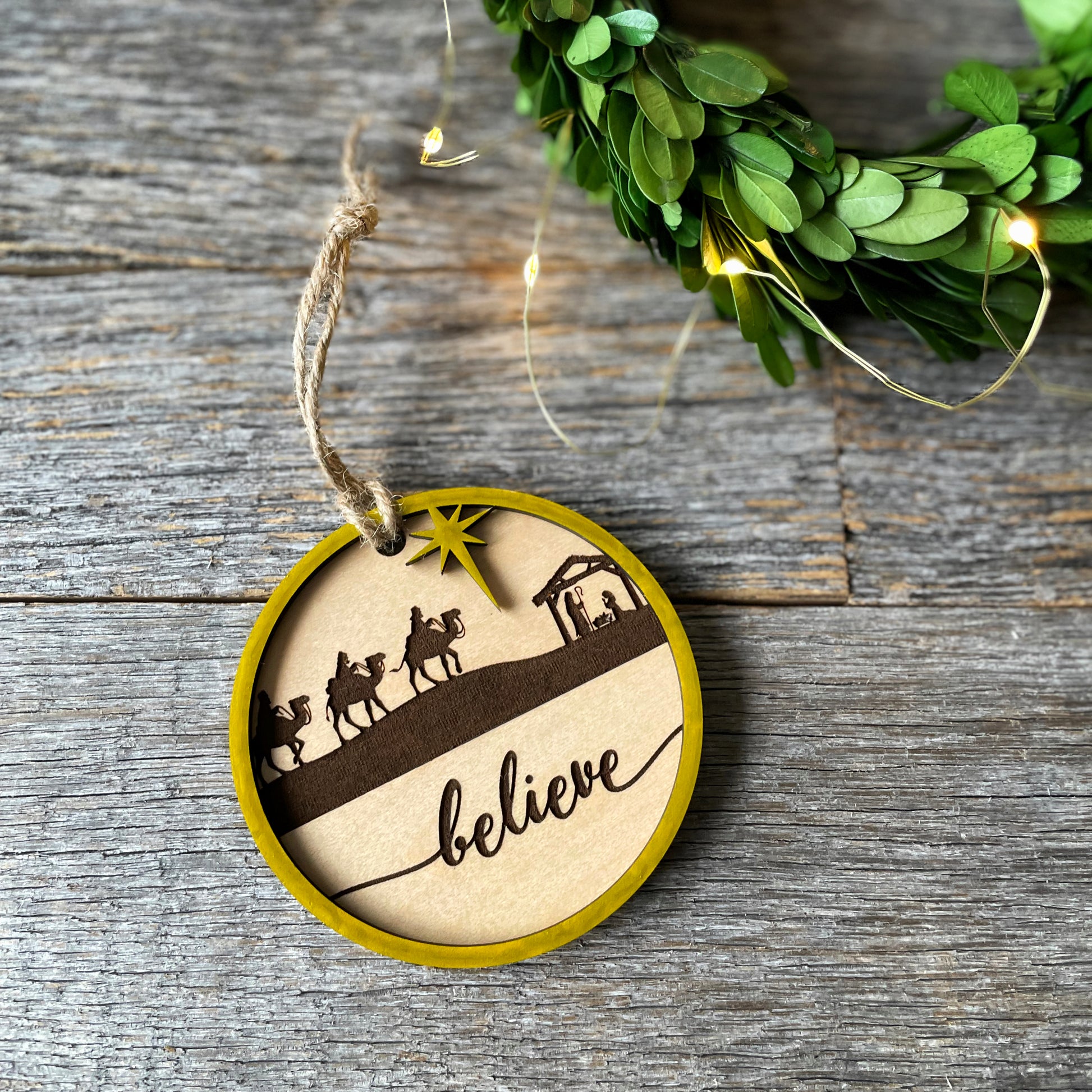 Believe, farmhouse-style wood Nativity ornament, laser cut and engraved