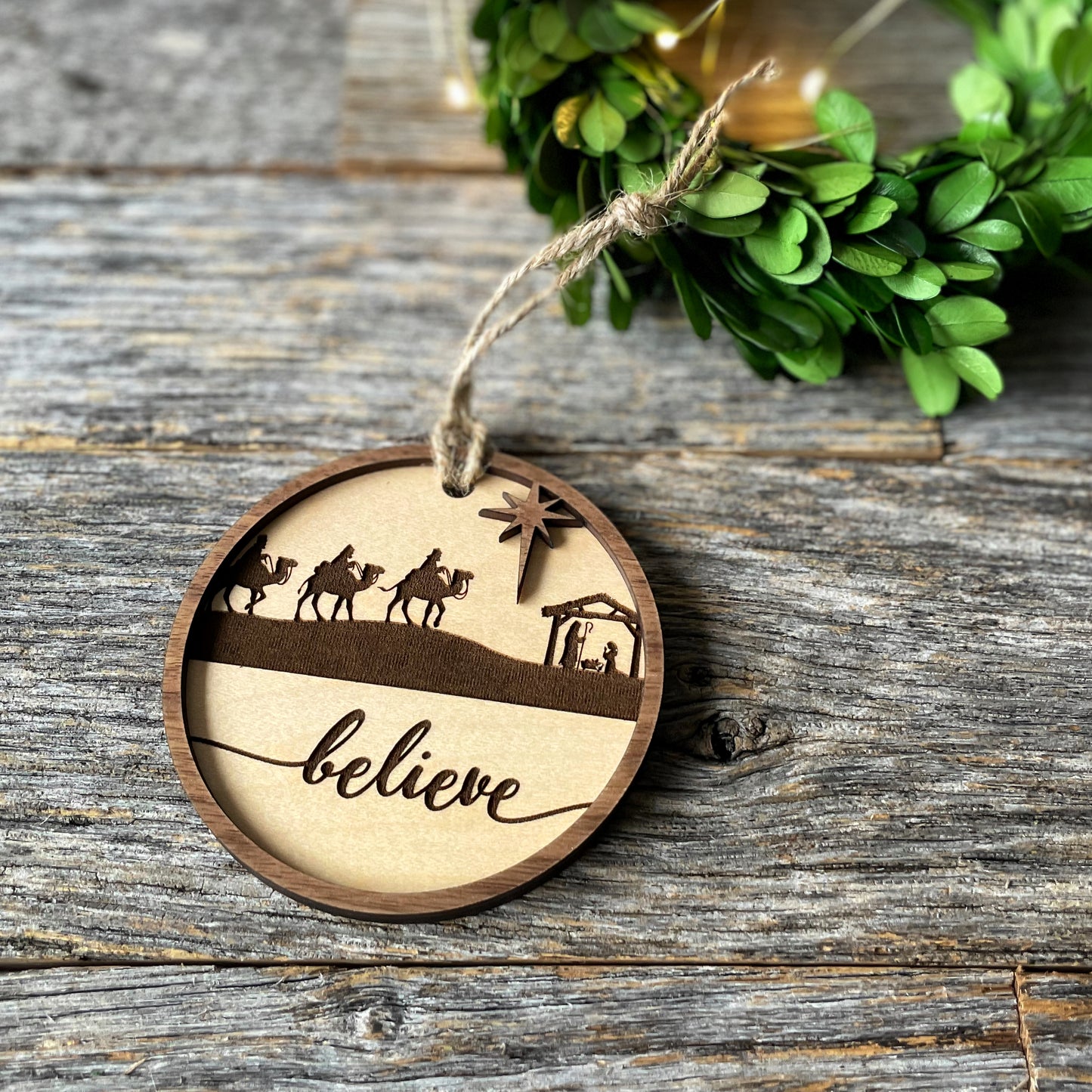 Believe, farmhouse-style wood Nativity ornament, laser cut and engraved