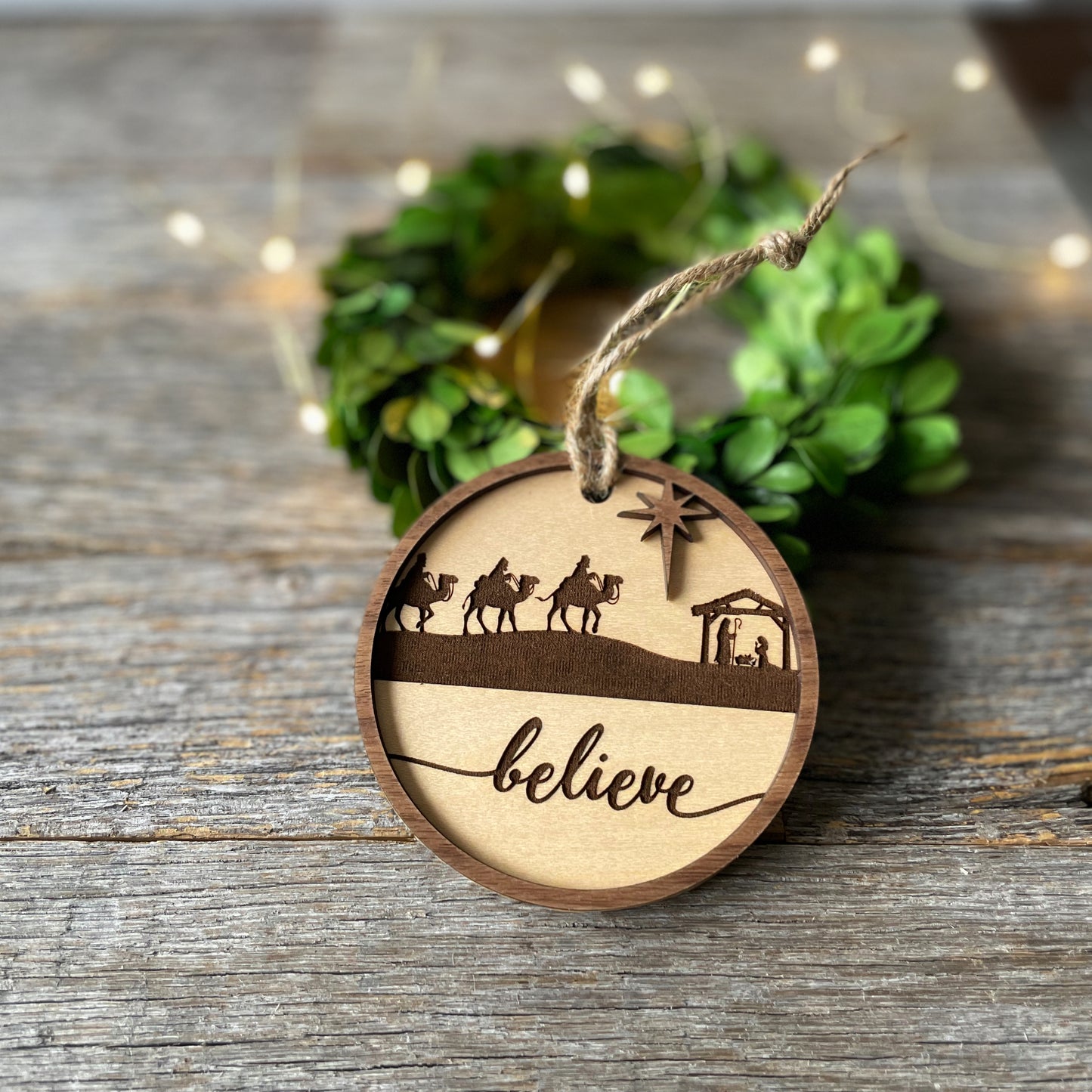 Believe, farmhouse-style wood Nativity ornament, laser cut and engraved