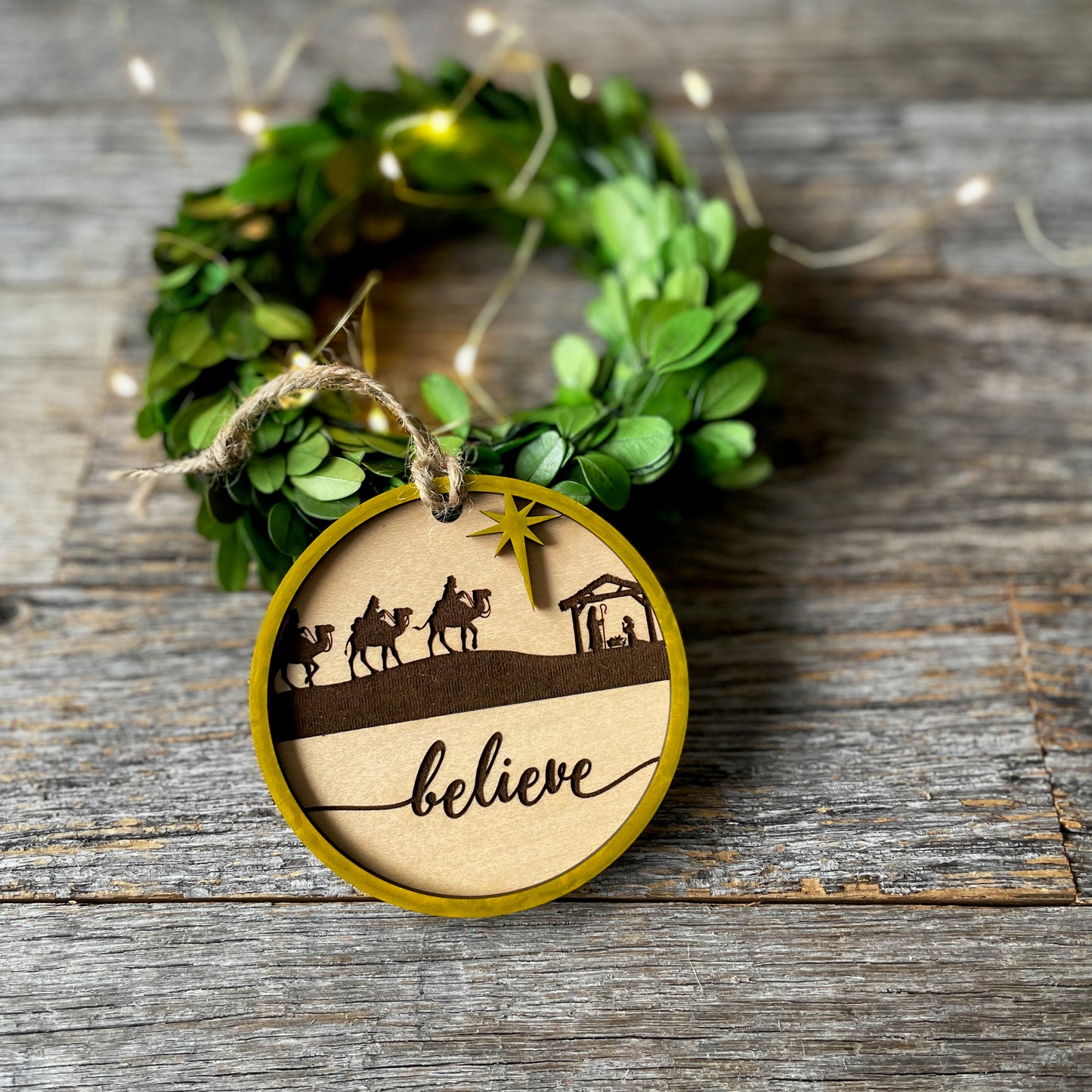 Believe, farmhouse-style wood Nativity ornament, laser cut and engraved