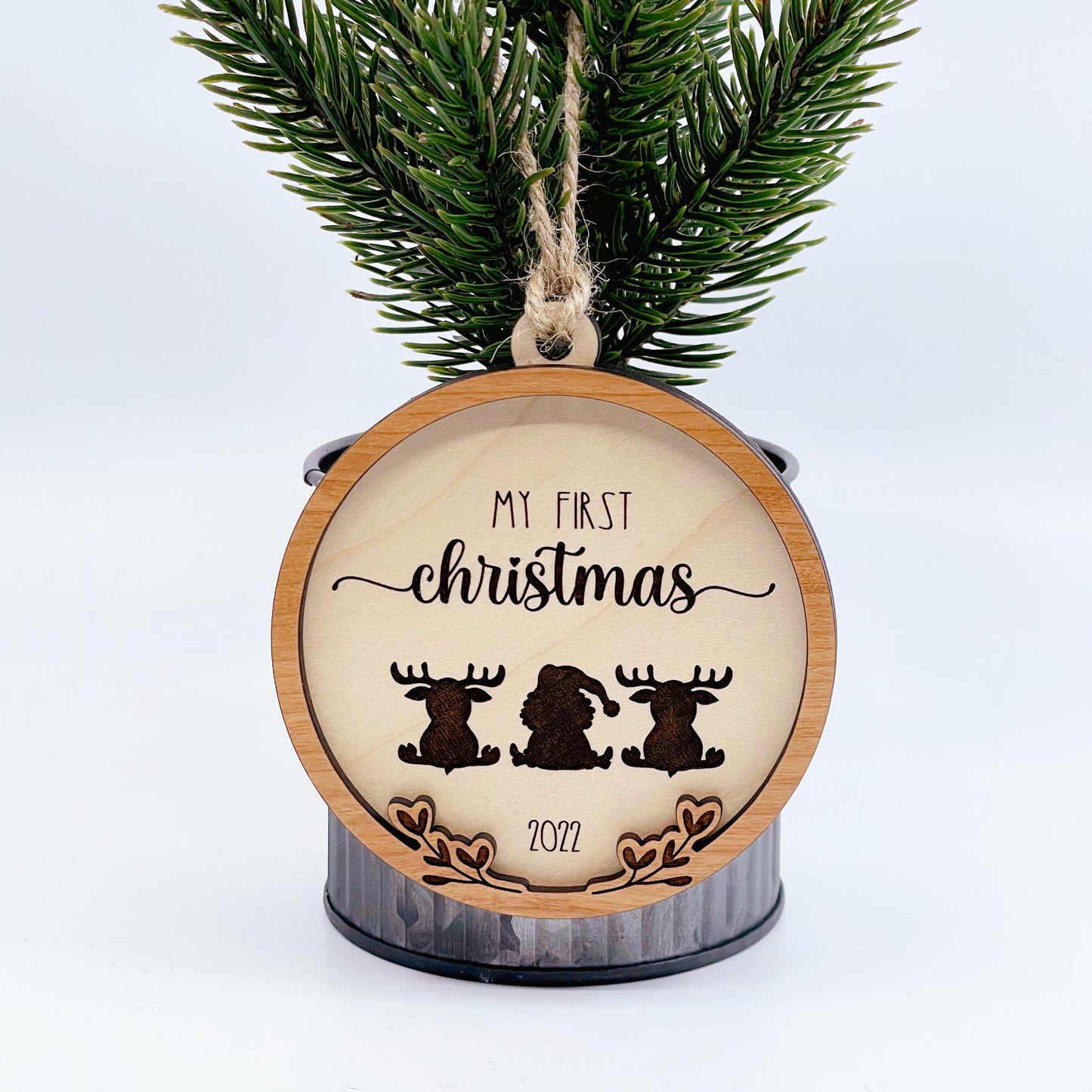 Baby's First Christmas featuring Santa and reindeer wood ornament, laser cut, Christmas ornament