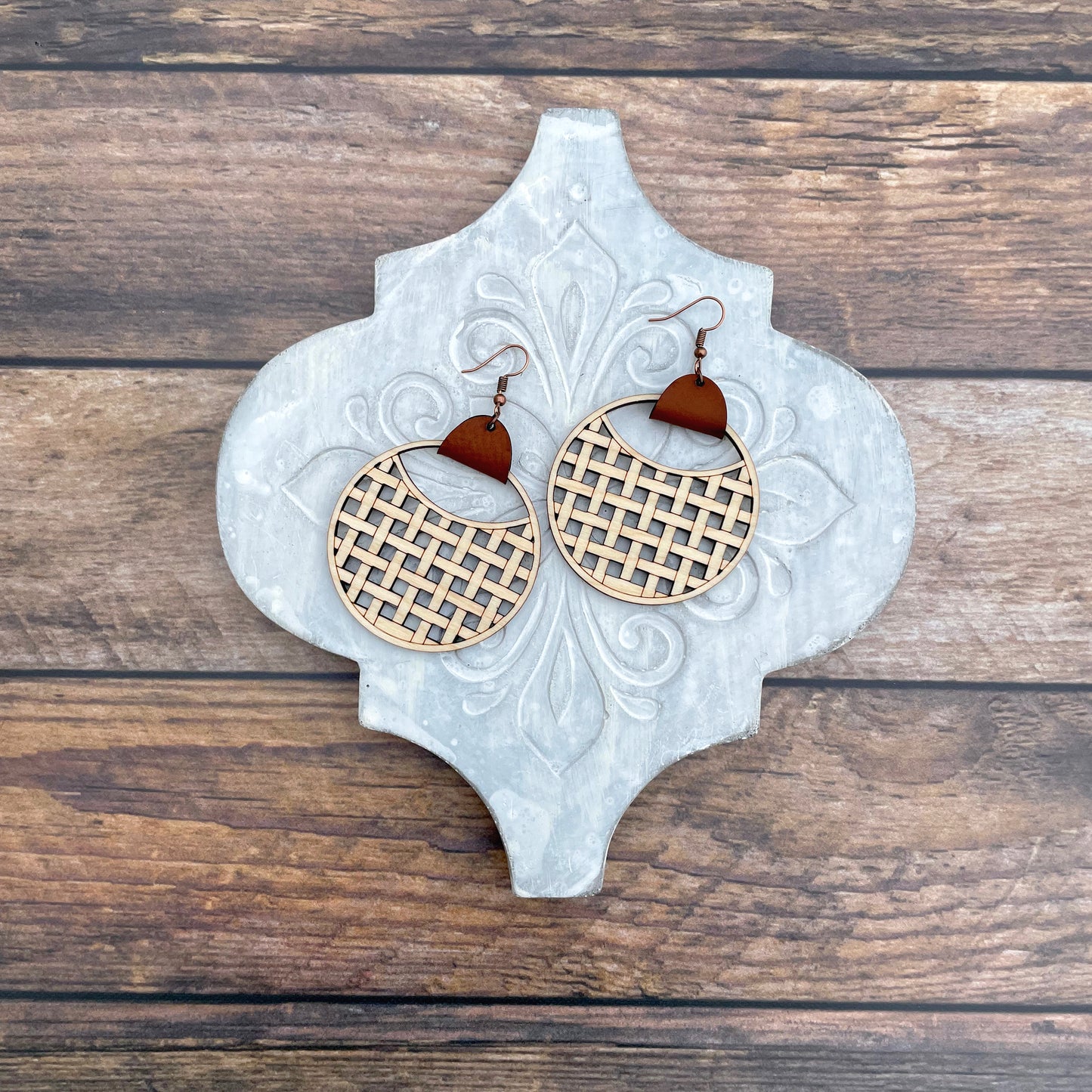 Laser cut basket weave wood earrings