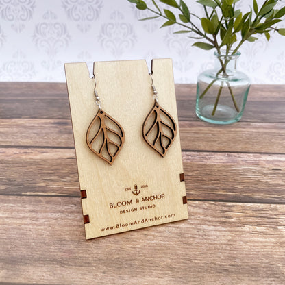 Laser cut wood leaf earrings