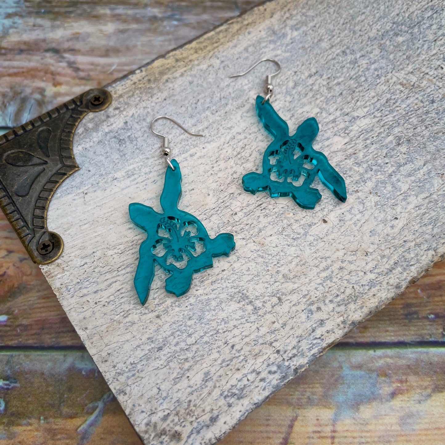 Laser cut Sea Turtle frosted teal earrings