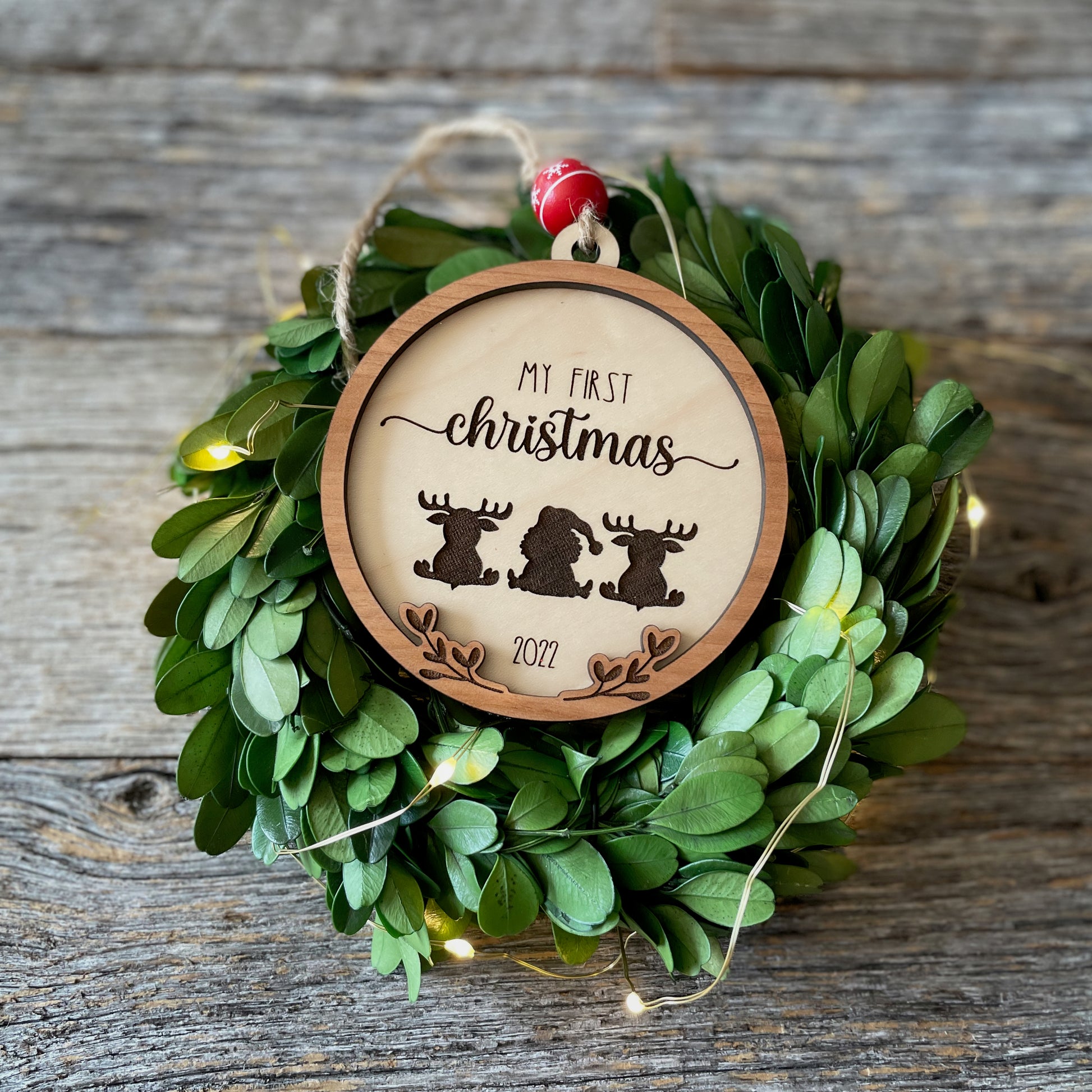 Baby's First Christmas featuring Santa and reindeer wood ornament, laser cut, Christmas ornament