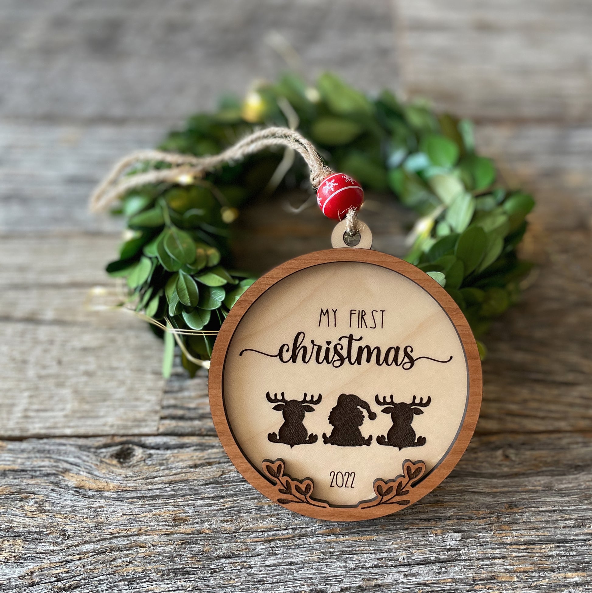 Baby's First Christmas featuring Santa and reindeer wood ornament, laser cut, Christmas ornament