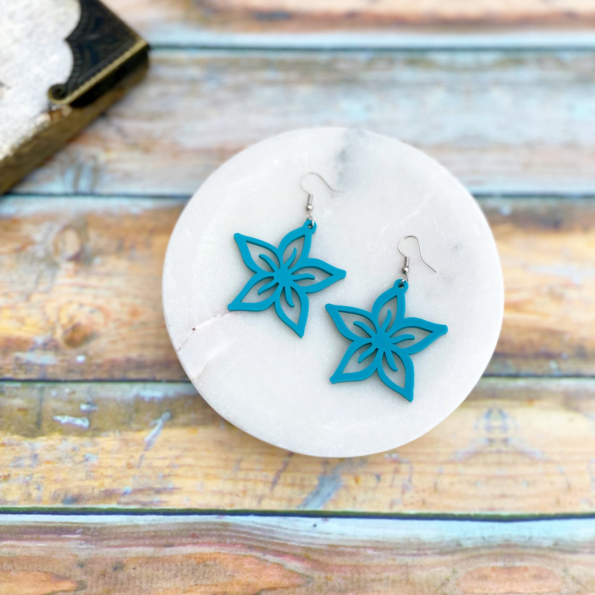 Laser cut turquoise flower earrings, floral earrings