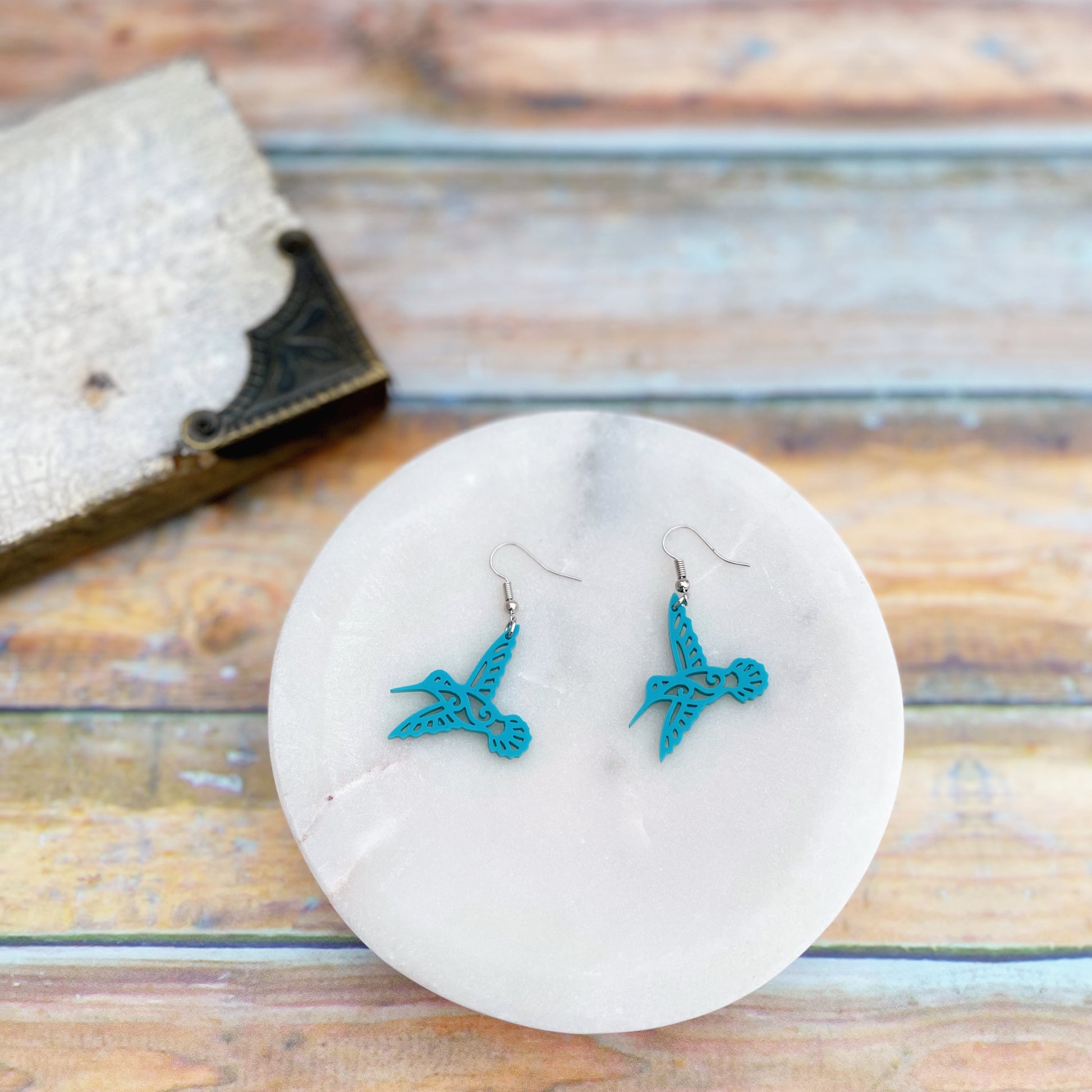 Laser cut turquoise acrylic Hummingbird earrings