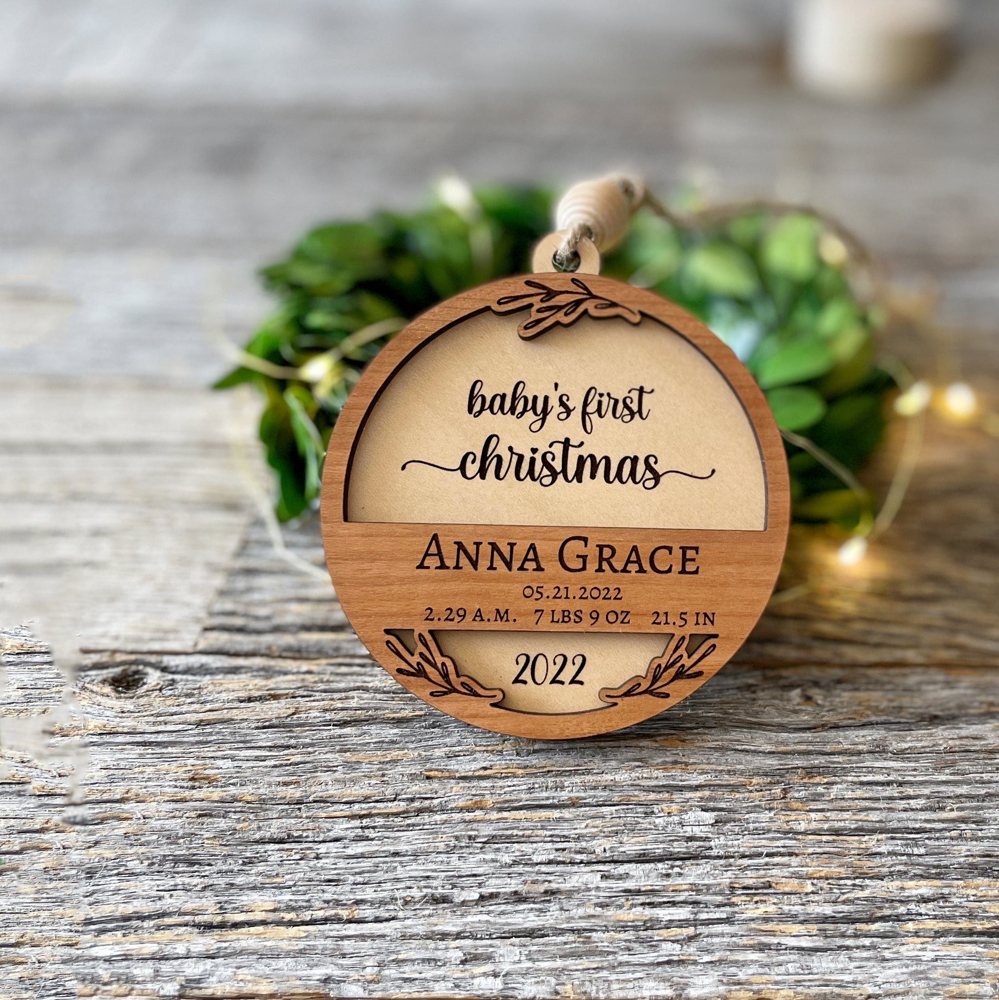 Adorable Baby's First Christmas Custom wood ornament, laser cut, personalized