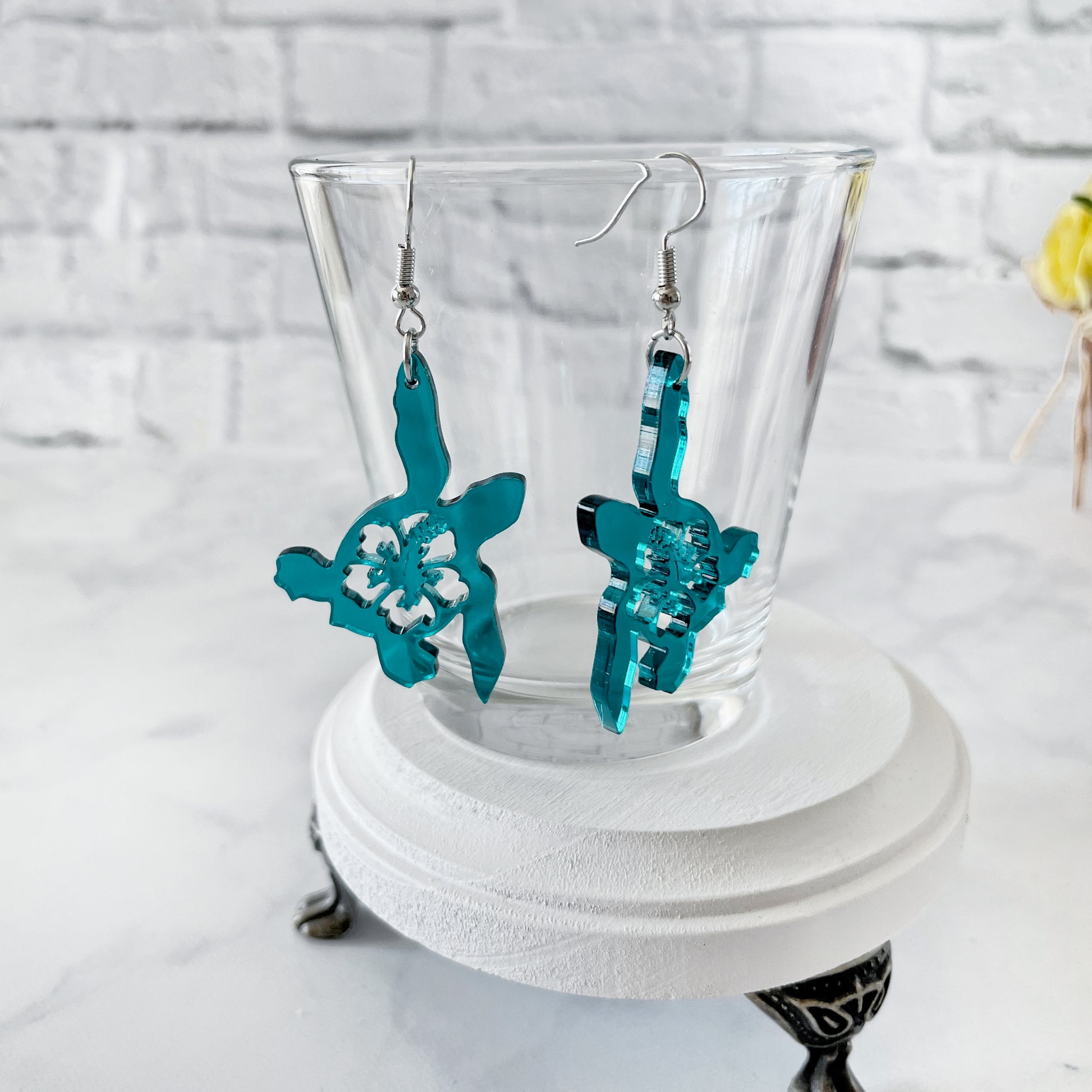 Laser cut Sea Turtle frosted teal earrings