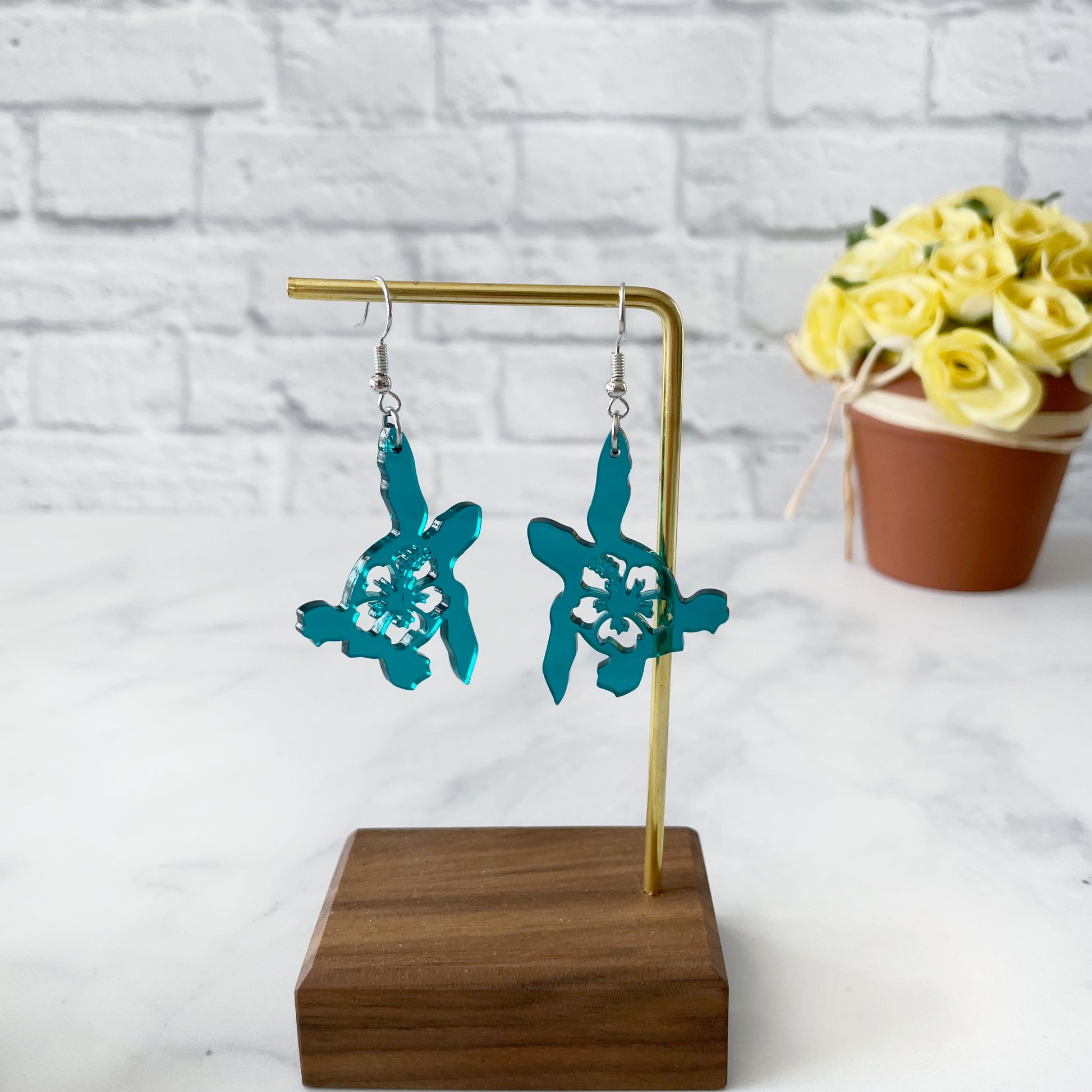 Laser cut Sea Turtle frosted teal earrings