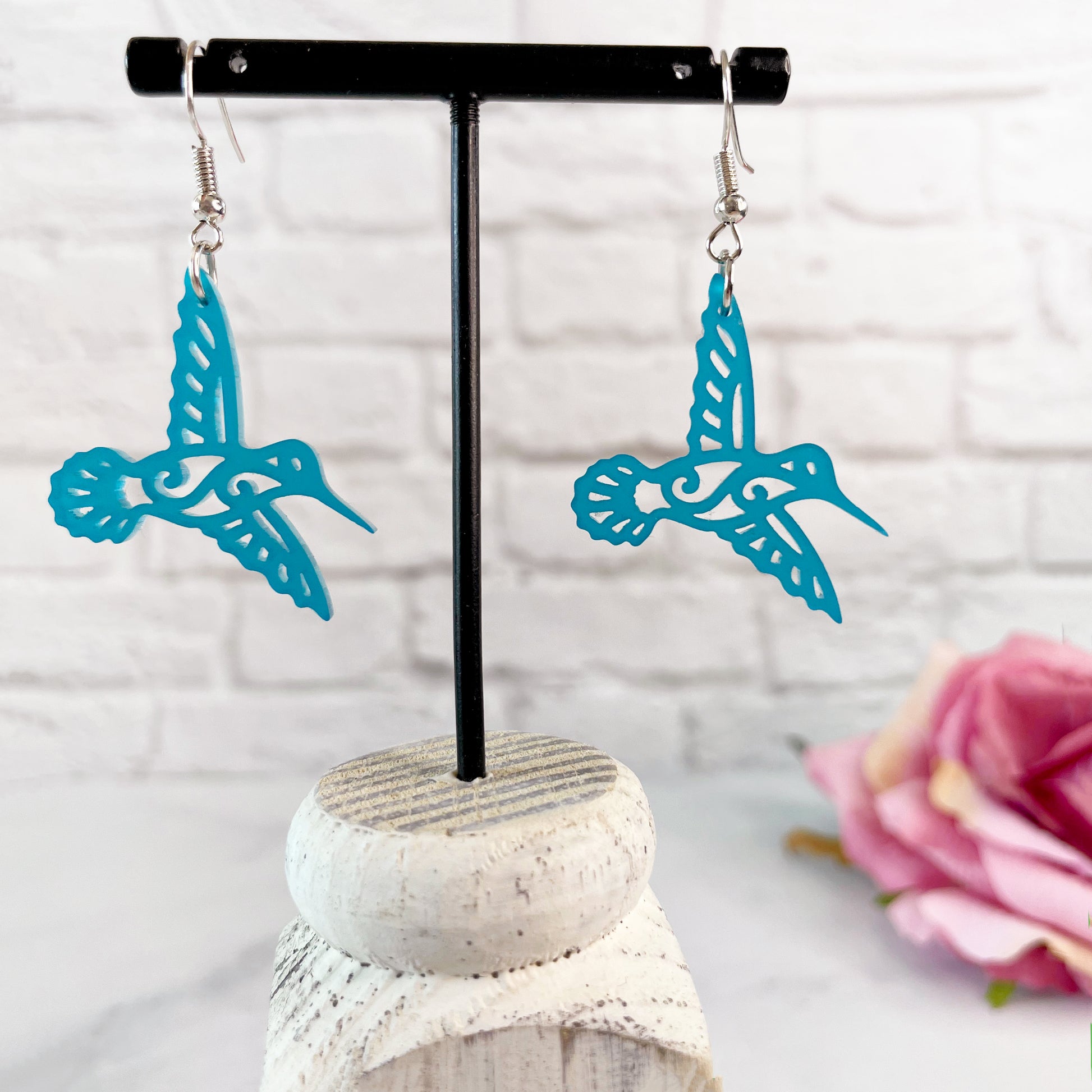 Laser cut frosted teal acrylic Hummingbird earrings