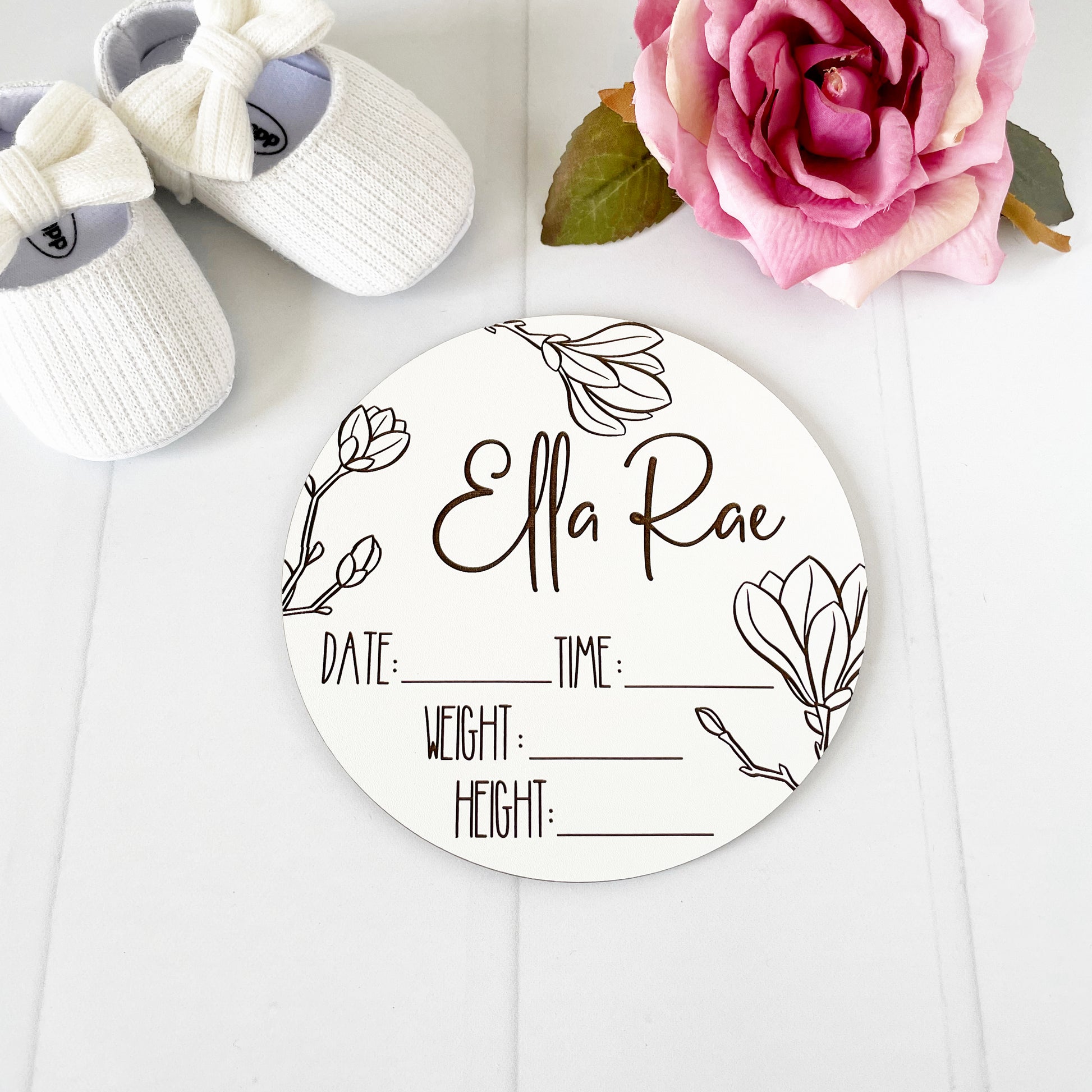 Custom laser engraved Baby Birth Announcement, magnolia, wooden baby gift, baby name