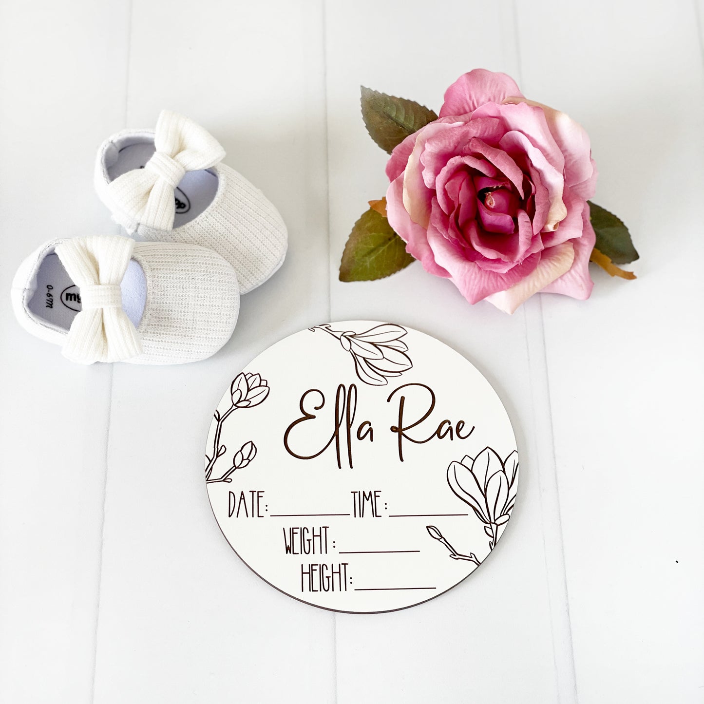 Custom laser engraved Baby Birth Announcement, magnolia, wooden baby gift, baby name