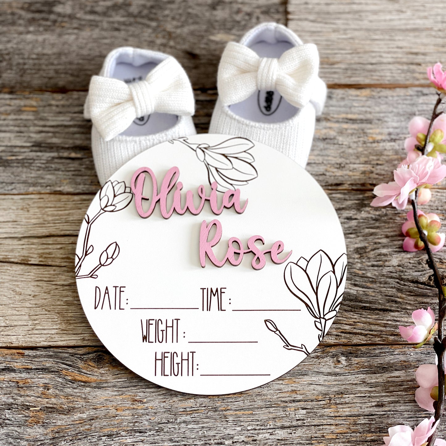 Custom laser engraved Baby Birth Announcement, Magnolia, Floral wood baby photo prop, white