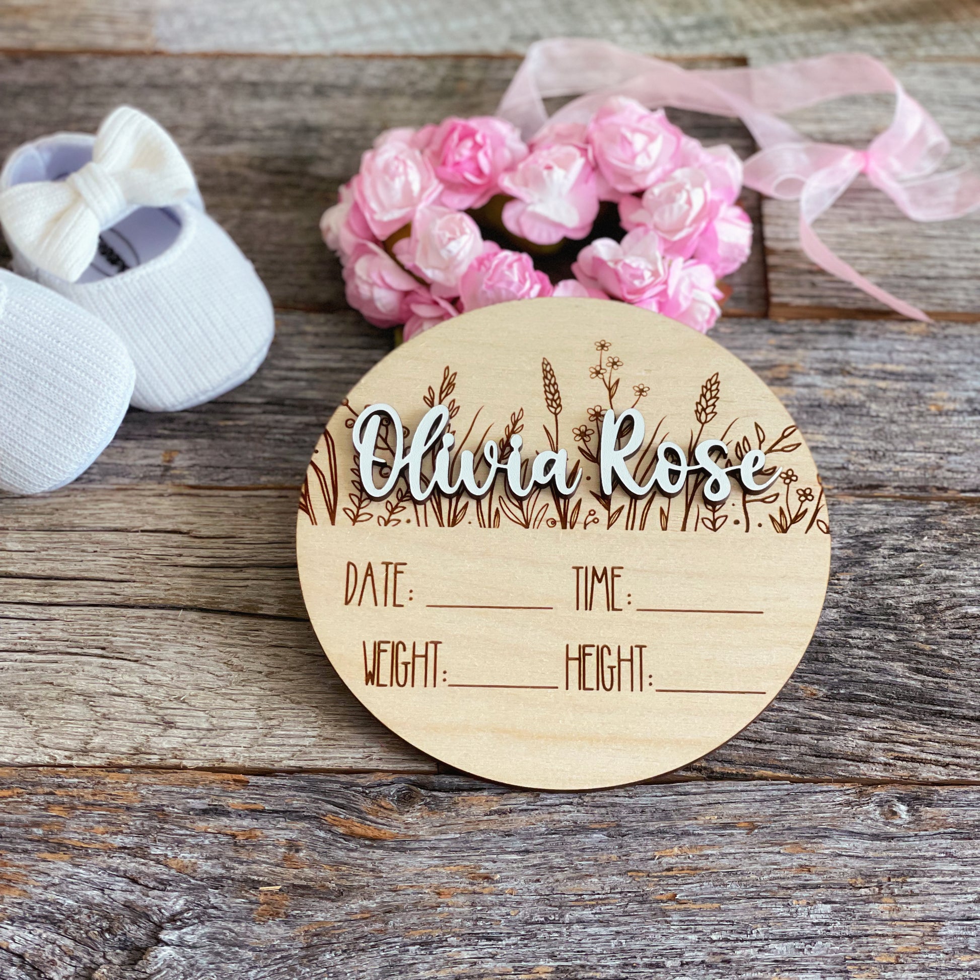 Custom laser engraved Baby Birth Announcement, wildflowers, Wood baby photo prop